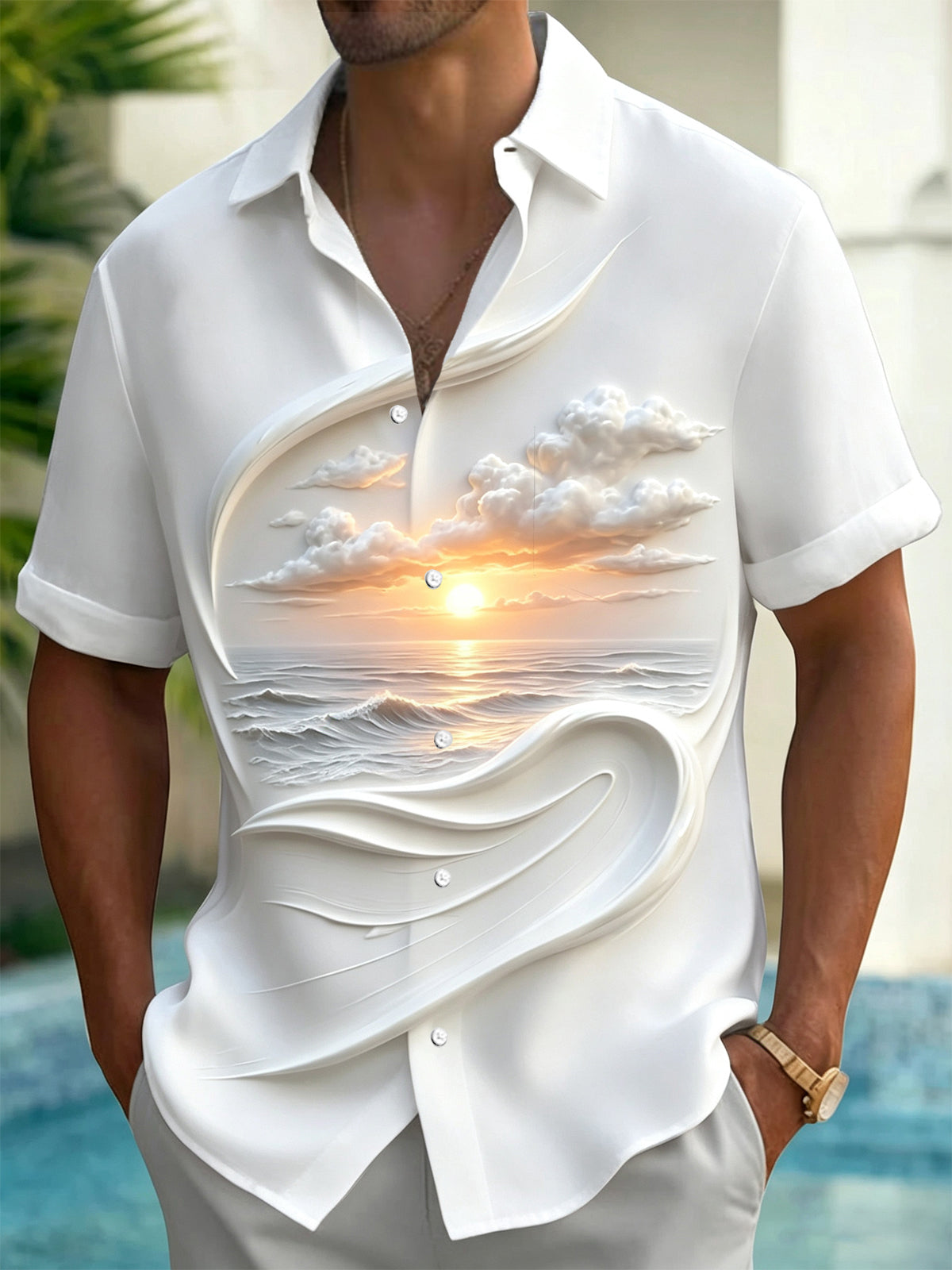 Sunrise Sea View Print Men's Pocket Short Sleeve Shirts