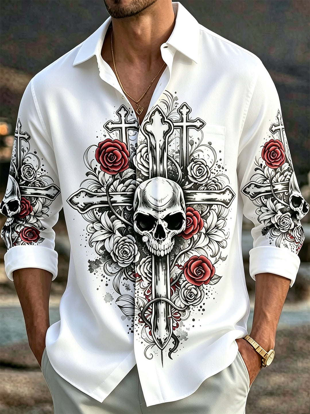 Vintage Dark Skull Cross Floral Print Men's Pocket Long Sleeve Shirts