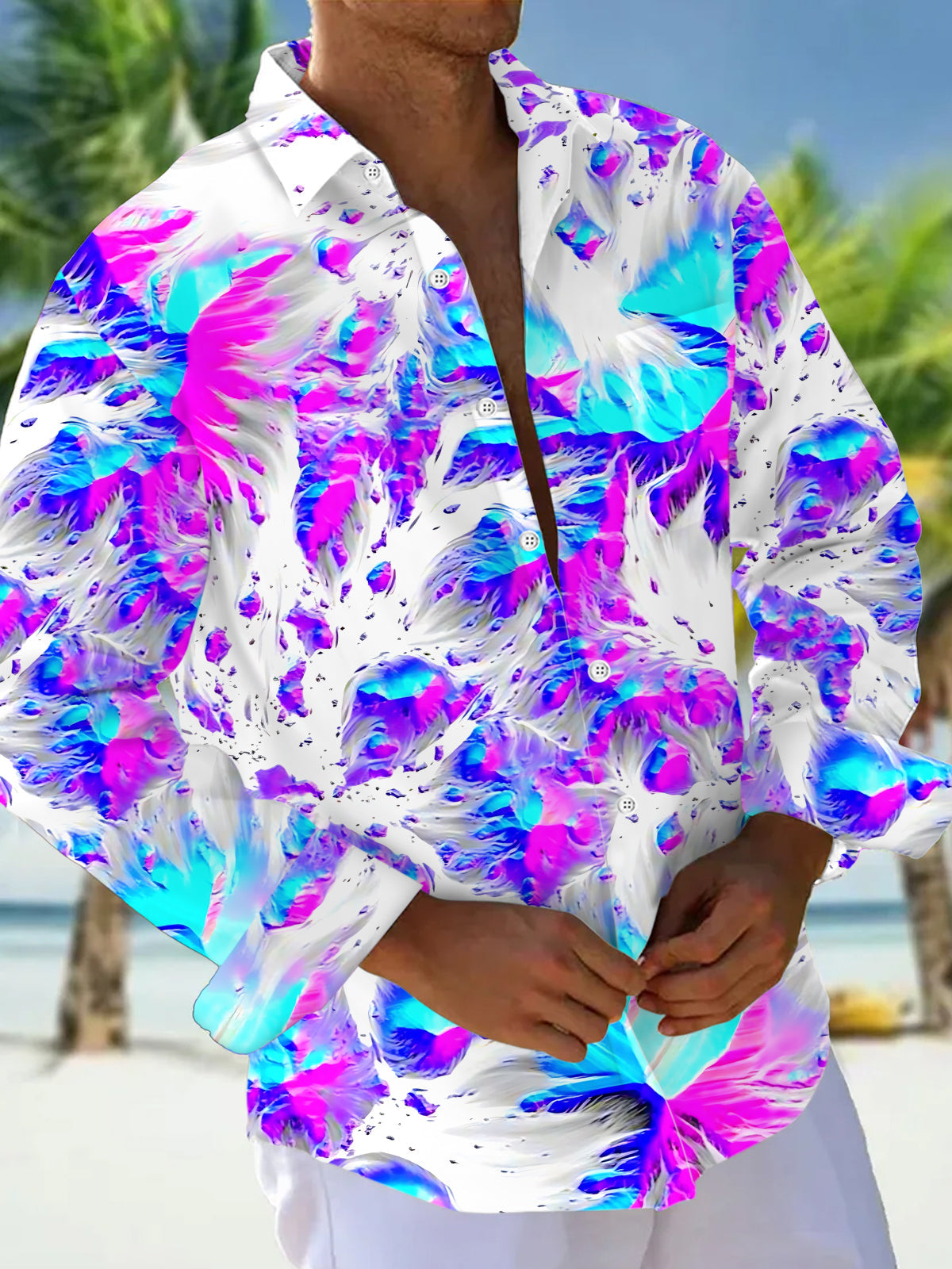Oceanlyte Men's Abstract Psychedelic Swirl Print Long Sleeve Button Down Shirt with Chest Pocket