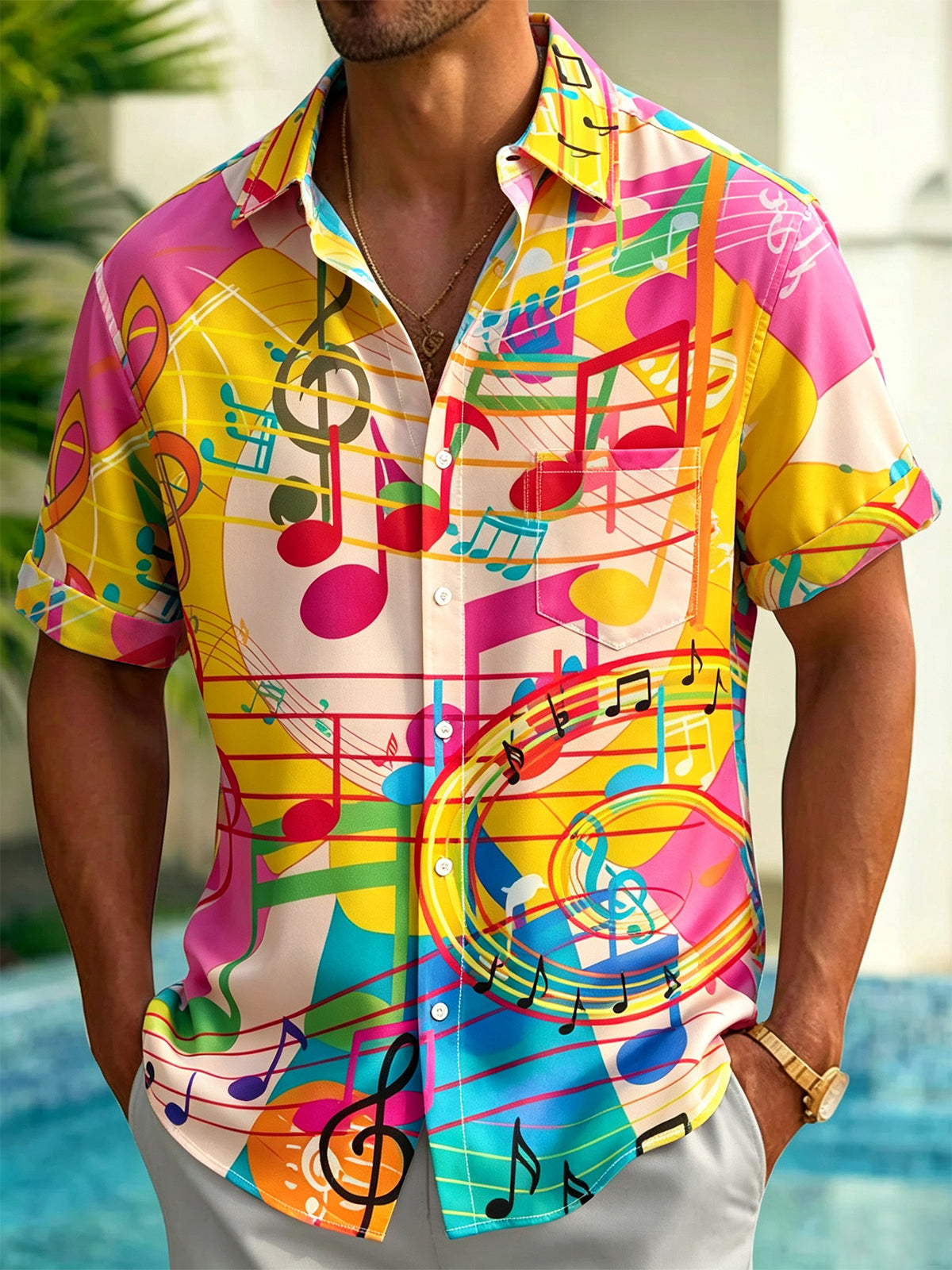 Oceanlyte Men's Graphic Abstract Colorful Musical Notes Print Short Sleeve Button Down Shirt with Chest Pocket