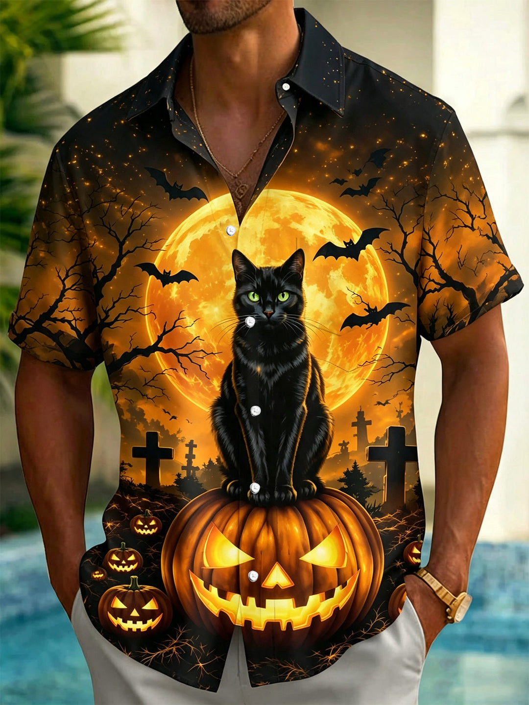 Halloween Black Cat Pumpkin Moon Crow Print Men's Pocket Short Sleeve Shirts