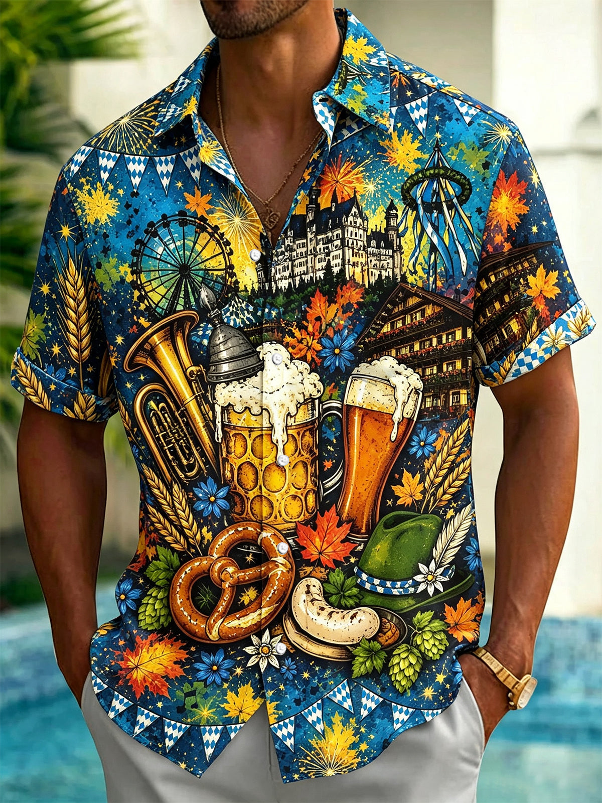 Oceanlyte Men's Graphic 3D Oktoberfest Beer Pretzel Castle Print Short Sleeve Button Down Shirt with Chest Pocket
