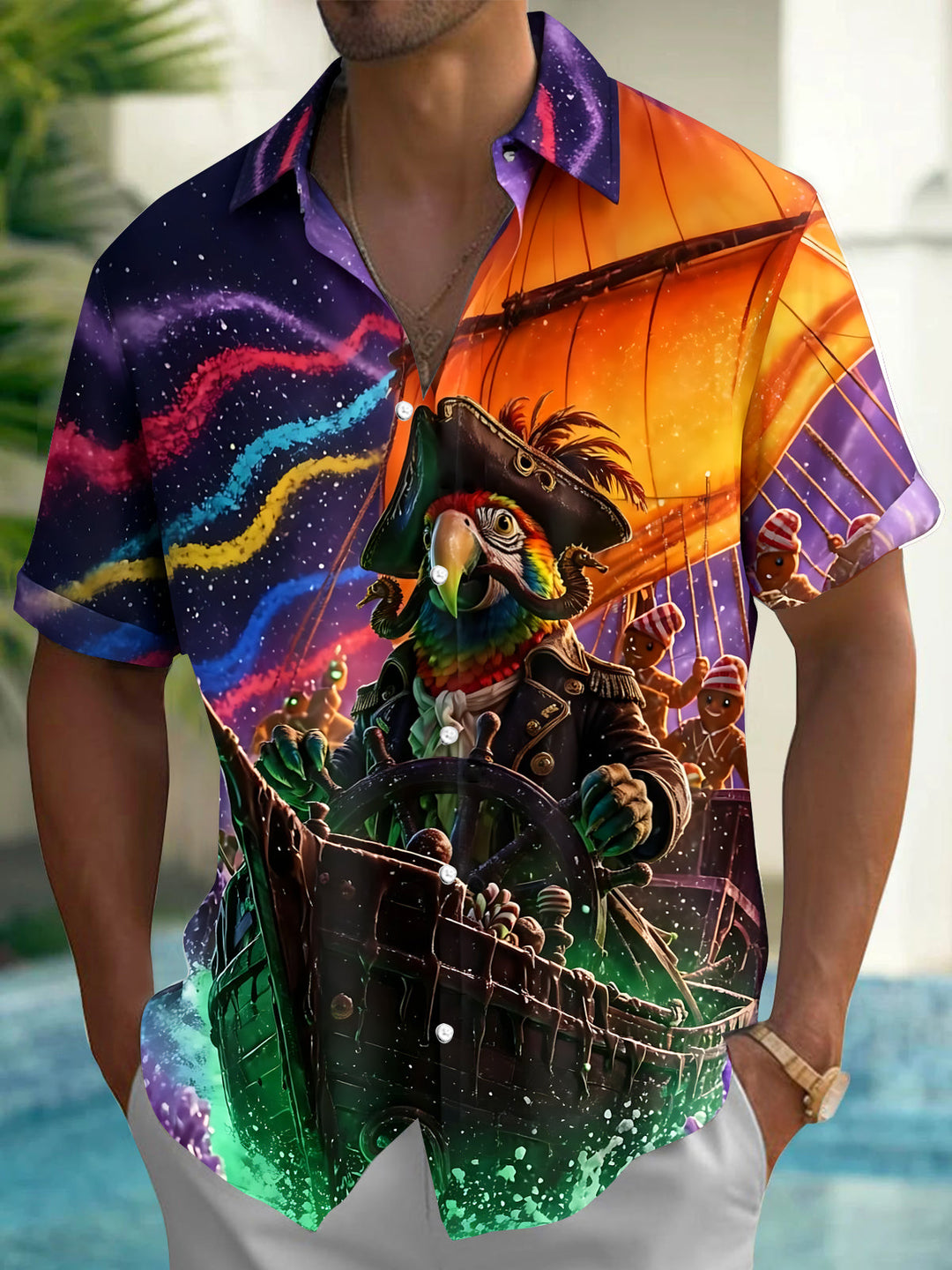 Pirate Parrot Sailboat Print Men's Pocket Short Sleeve Shirts