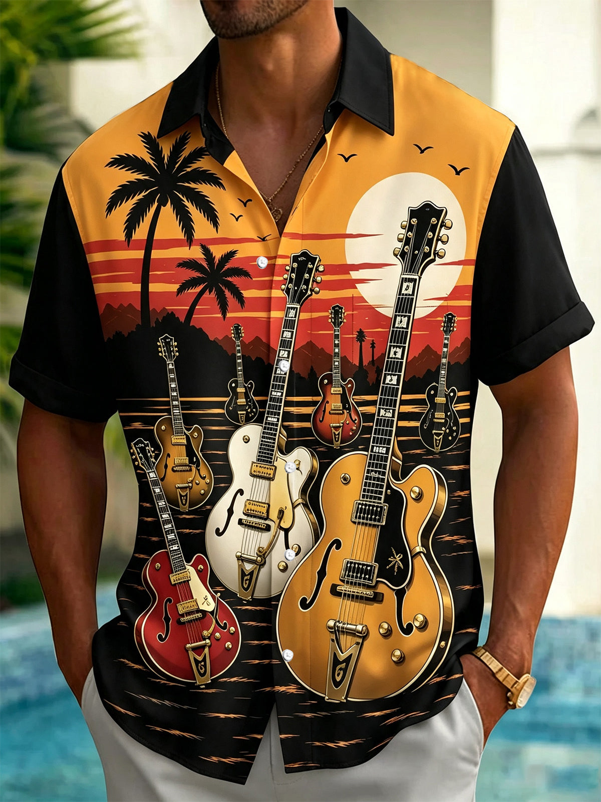 Oceanlyte Men's Hawaiian Tropical Guitar Palm Tree Sunset Print Short Sleeve Button Down Shirt with Chest Pocket