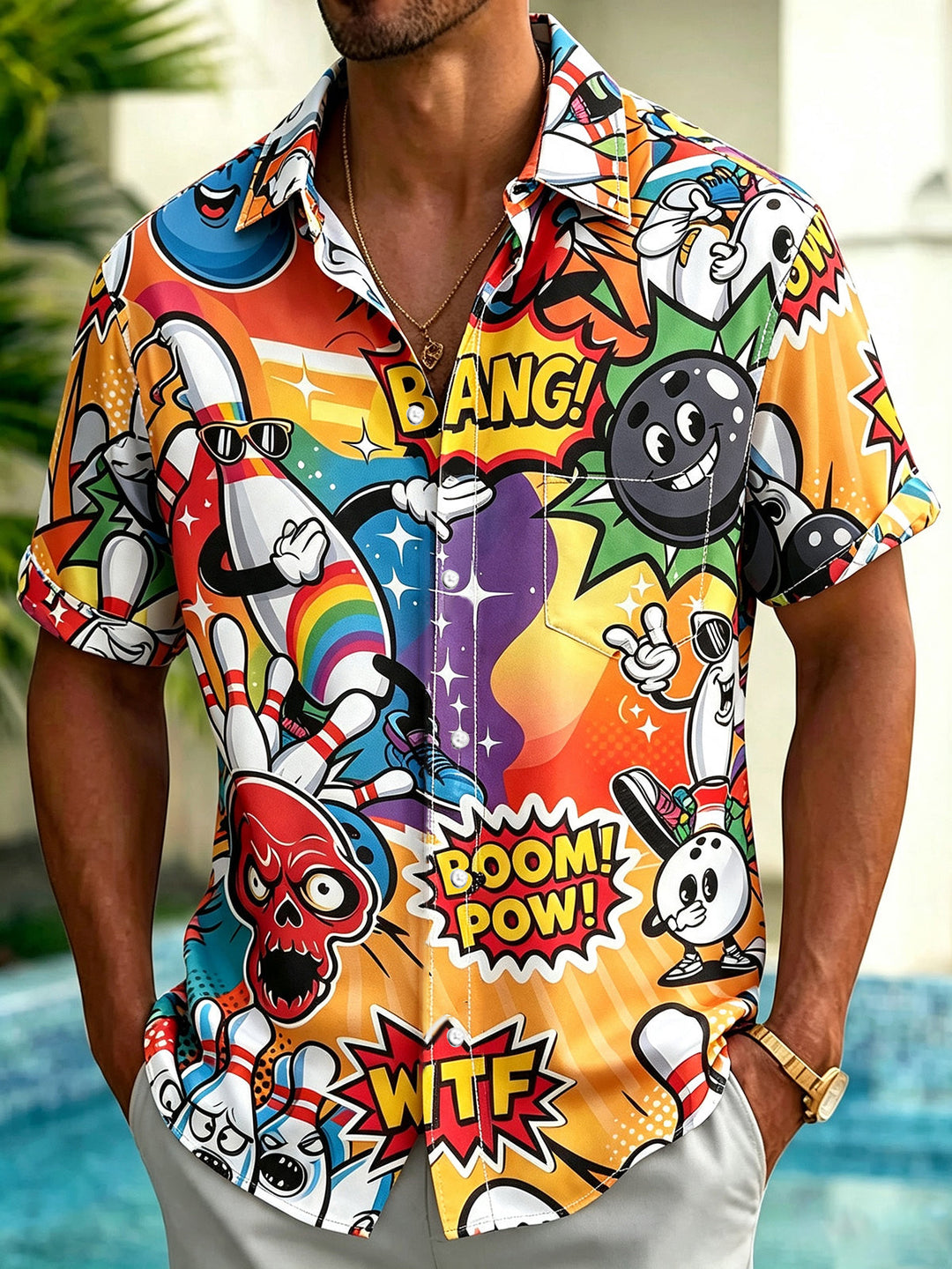 Cartoon Bowling Pop Graffiti Print Men's Pocket Short Sleeve Shirts