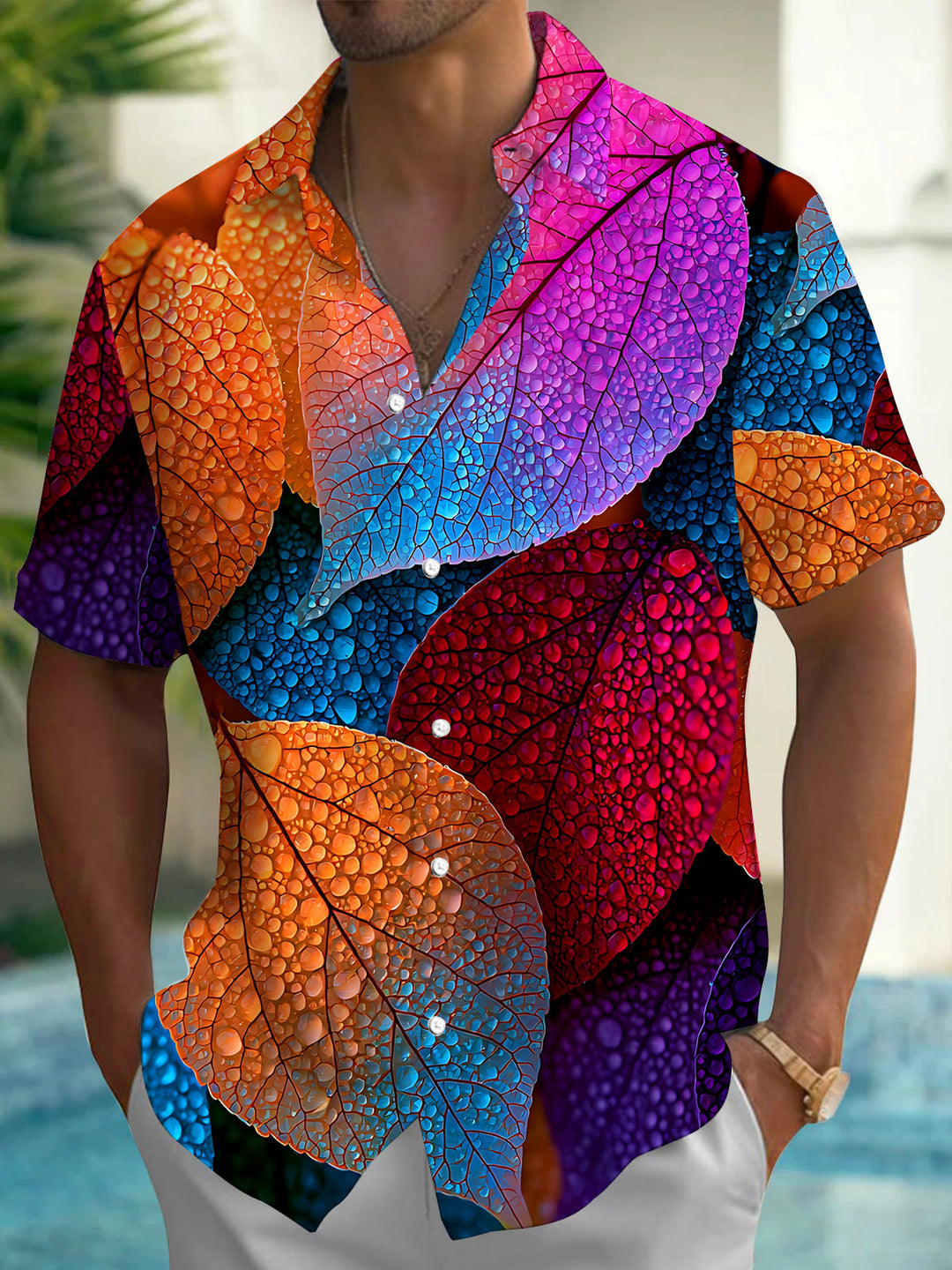 Colorful Leaf Print Men's Pocket Short Sleeve Shirts