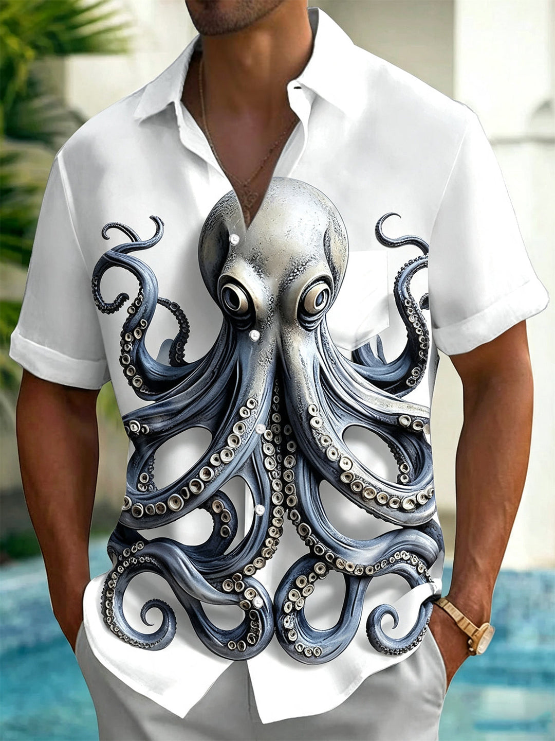 Octopus Print Men's Pocket Short Sleeve Shirts