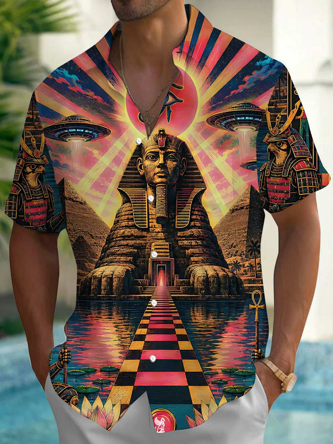 Vintage Ancient Egyptian Sphinx Pyramid Art Print Men's Pocket Short Sleeve Shirts