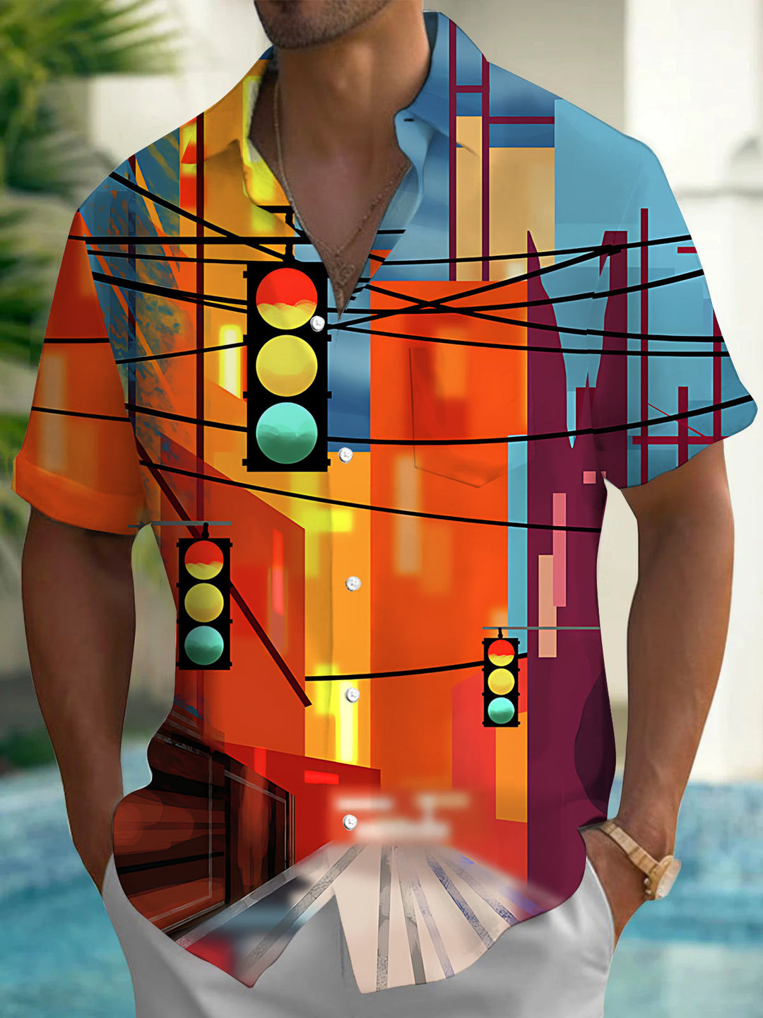 Urban Traffic Light Print Men's Pocket Short Sleeve Shirts