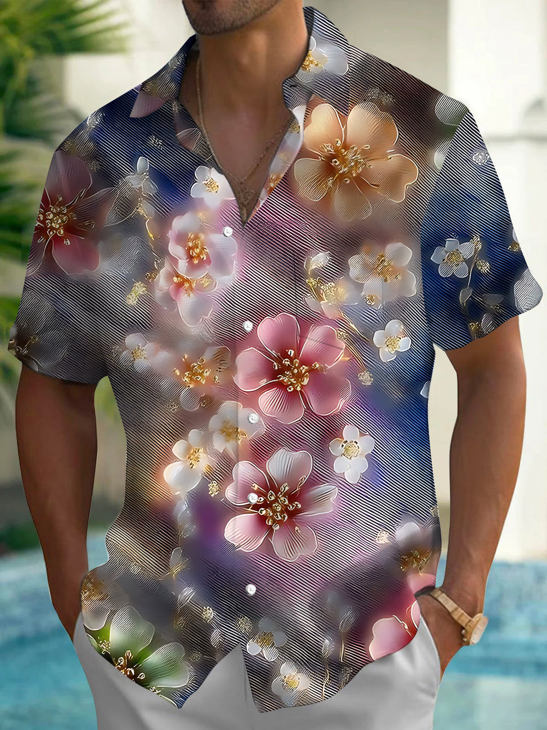 Gradient Floral Print Men's Pocket Short Sleeve Shirts