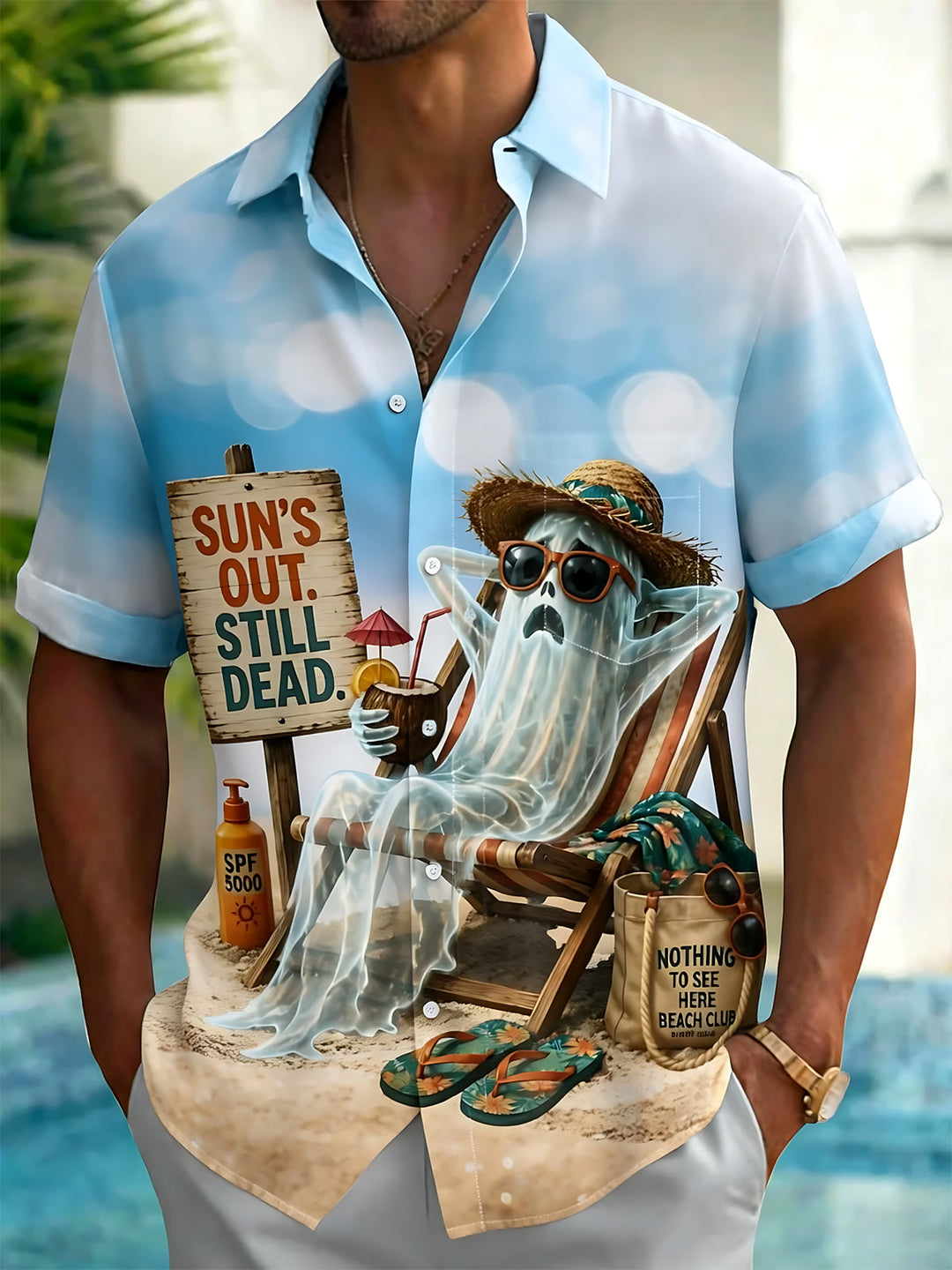 Beach Vacation Ghost Print Men's Pocket Short Sleeve Shirts
