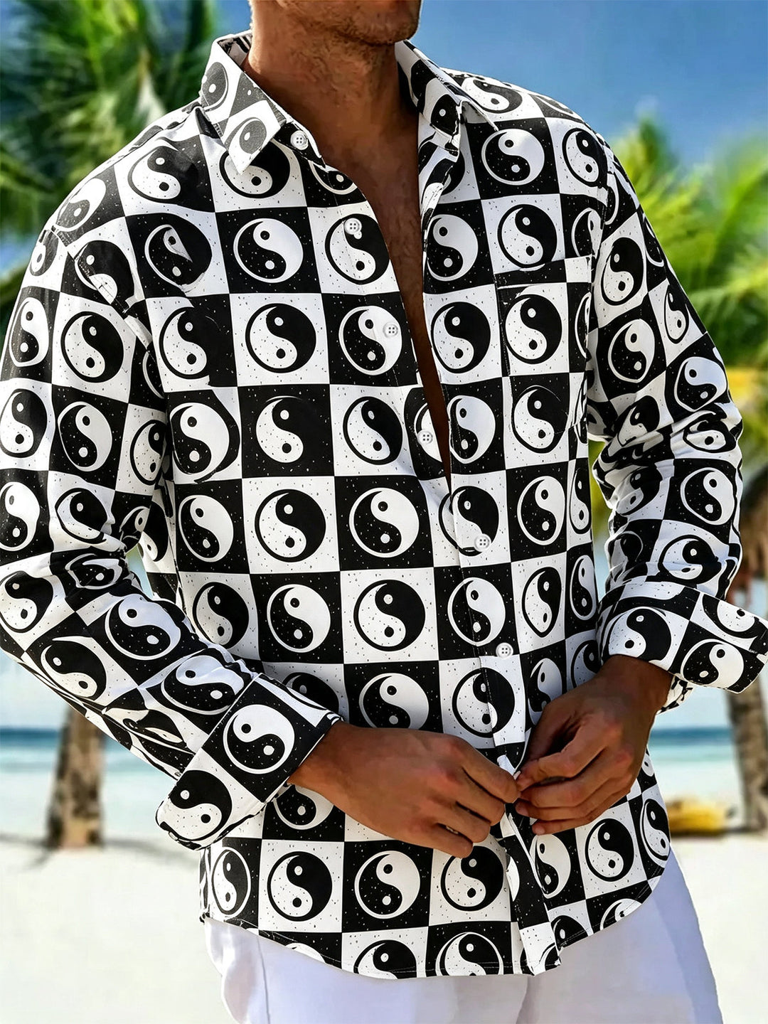 Taiji Yin Yang Symbol Print Men's Pocket Long Sleeve Shirts