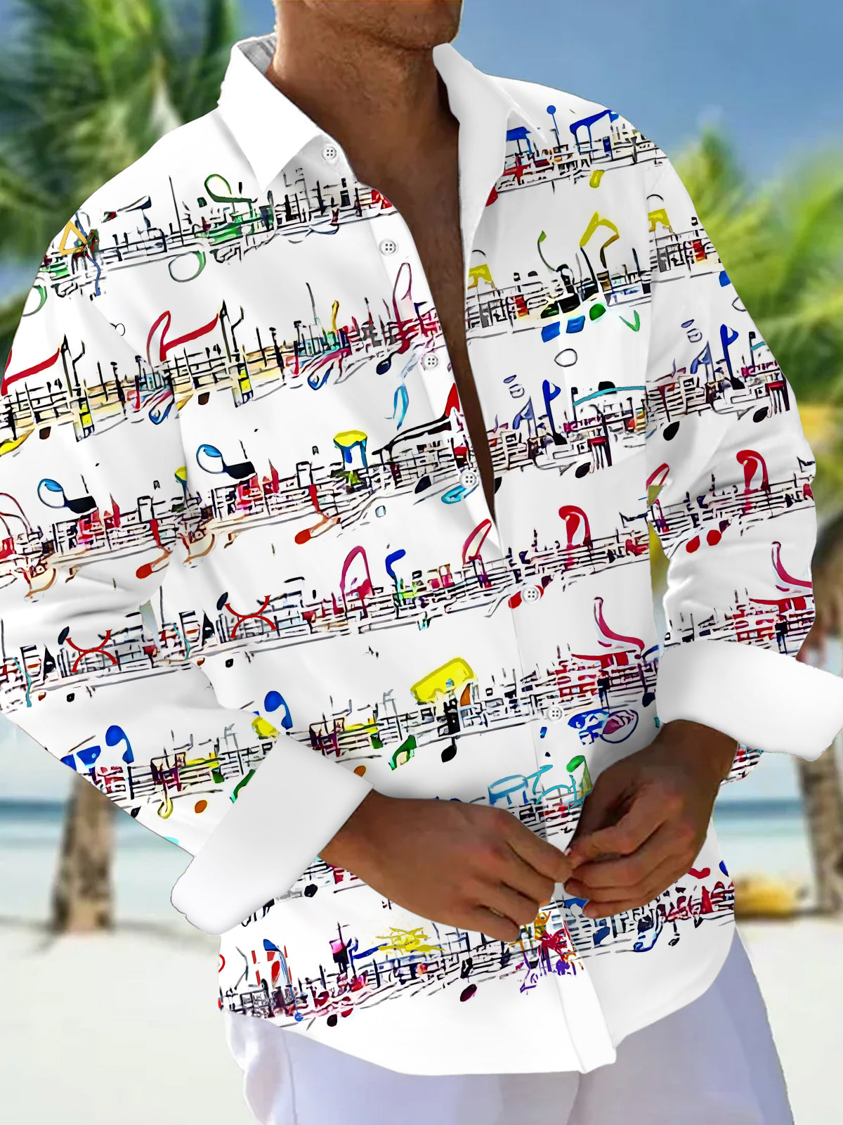 Oceanlyte Men's Graphic Colorful Musical Notes Print Long Sleeve Button Down Shirt with Chest Pocket