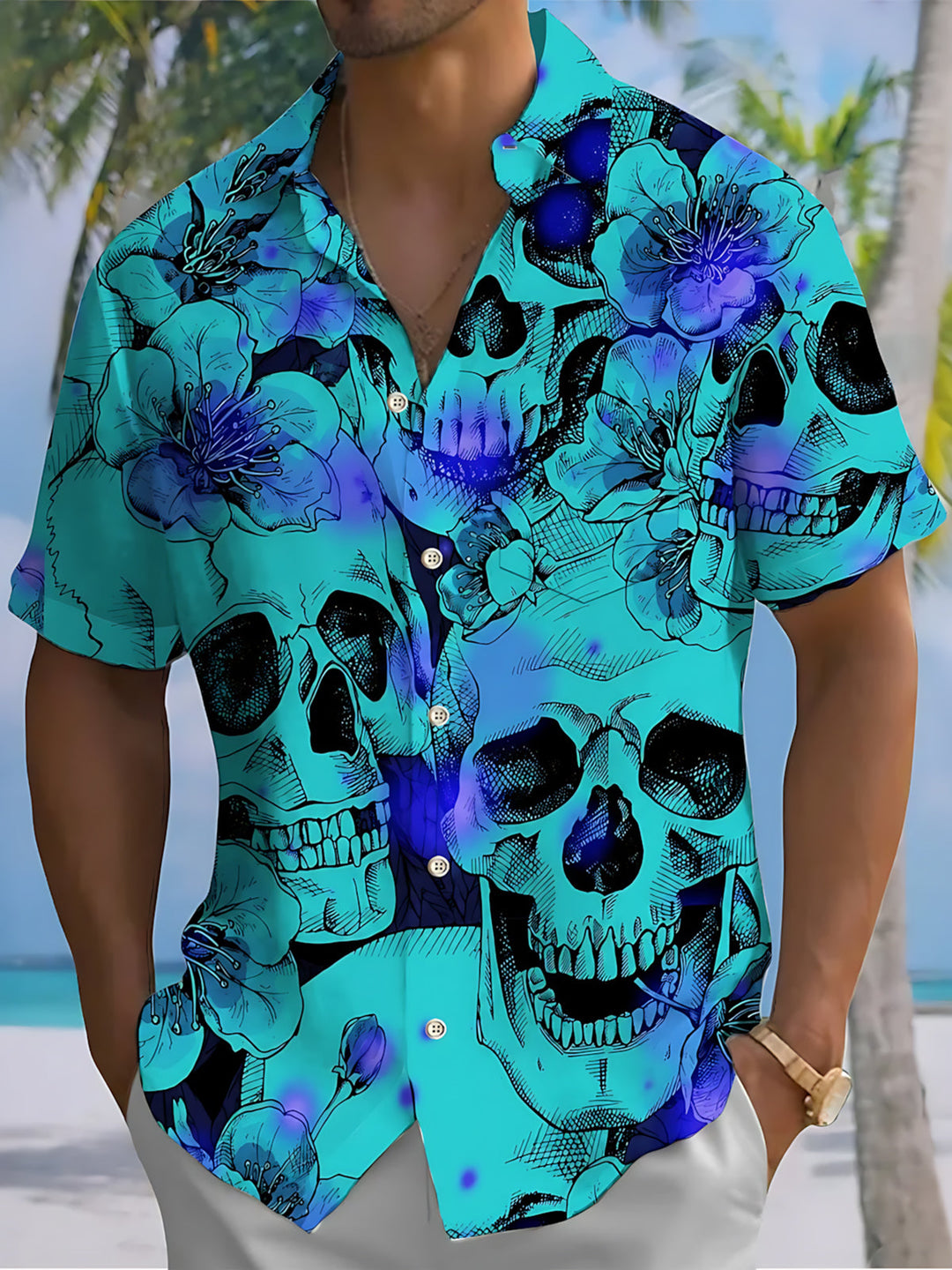 Skull Floral Print Men's Pocket Short Sleeve Shirts