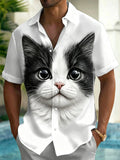 Oceanlyte Men's Black 3D Cat Face Graphic Print Short Sleeve Button Down Shirt with Chest Pocket