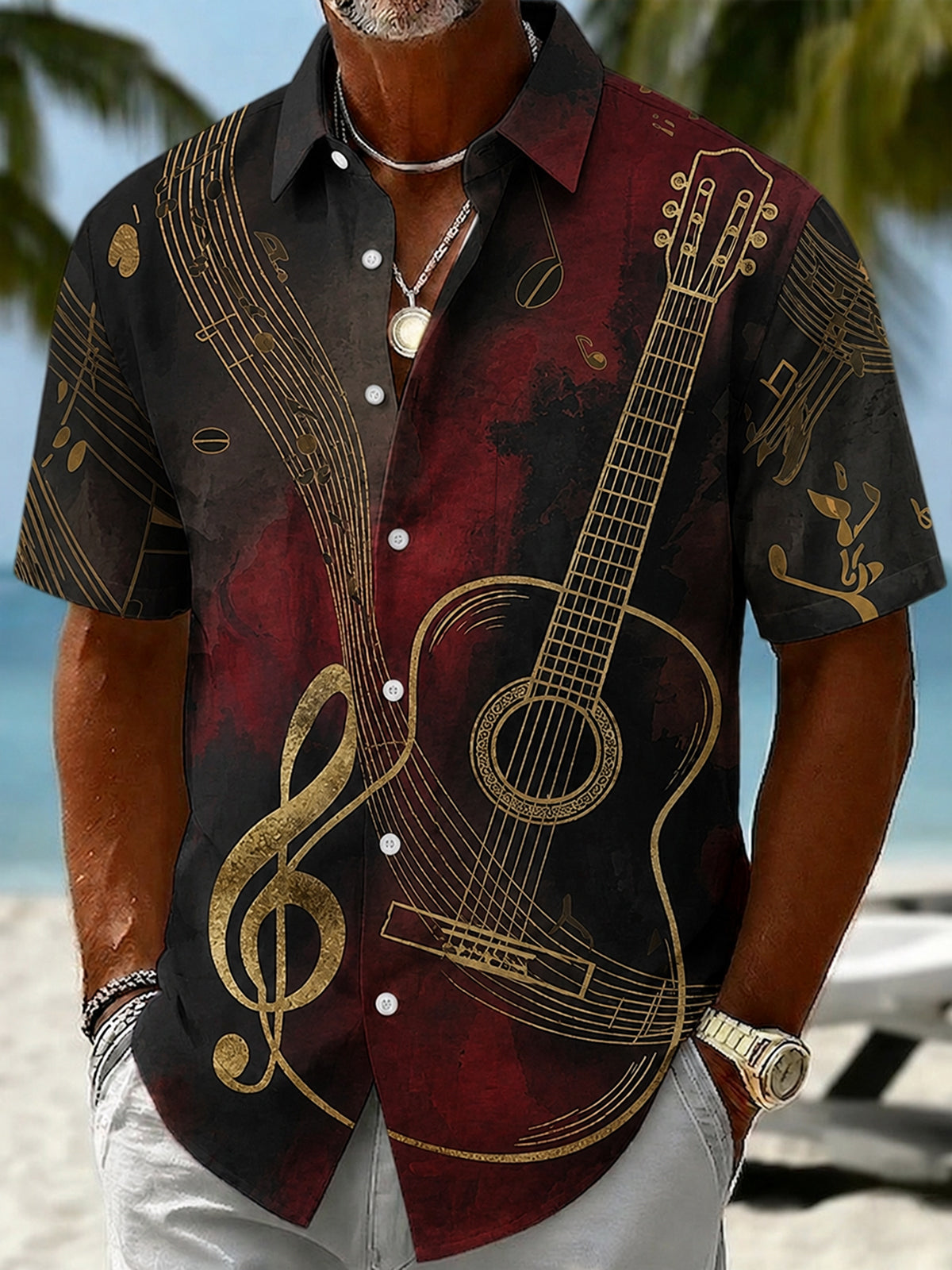 Oceanlyte Men's Acoustic Guitar Musical Note Graphic Print Short Sleeve Button Down Shirt with Chest Pocket