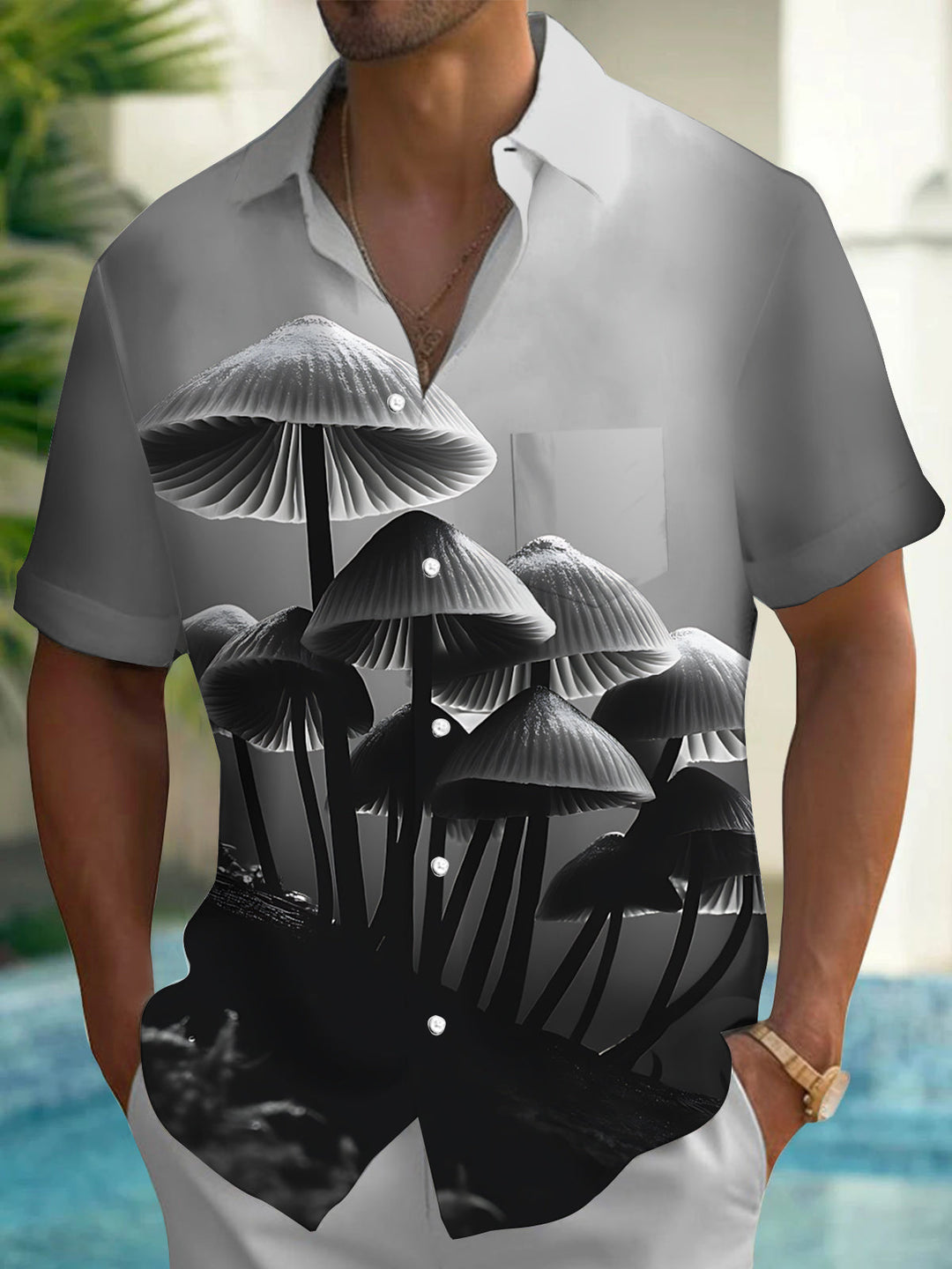 Mushroom Print Men's Pocket Short Sleeve Shirts