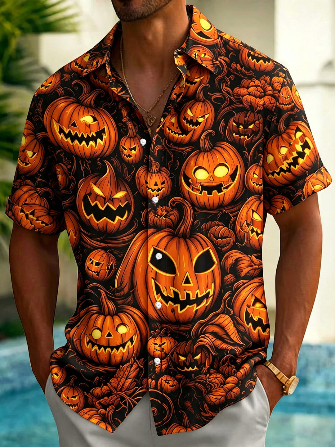 Halloween Pumpkin Print Men's Pocket Short Sleeve Shirts