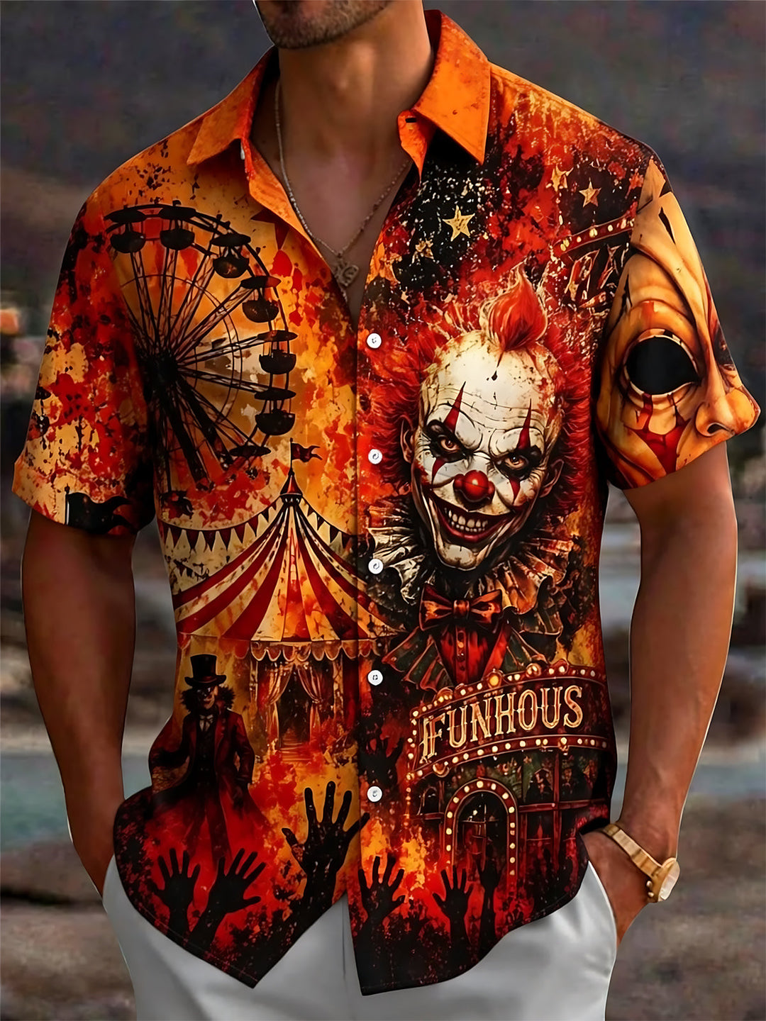 Horror Circus Clown Print Men's Pocket Short Sleeve Shirts