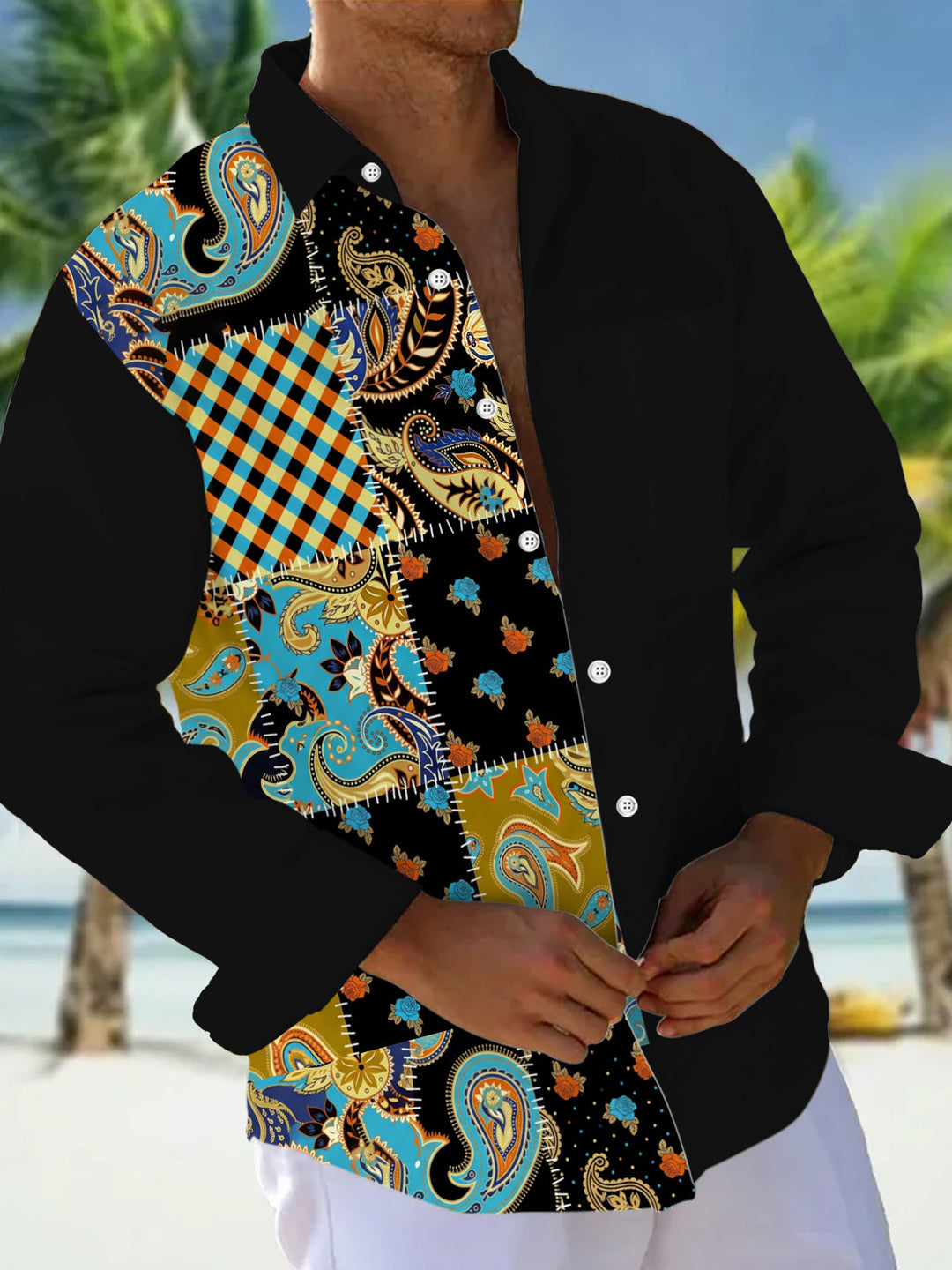 Vintage Ethnic Paisley Print Men's Pocket Long Sleeve Shirts