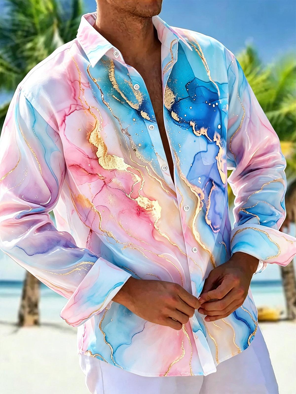 Oceanlyte Men's Abstract Watercolor Marble Print Long Sleeve Button Down Shirt with Chest Pocket