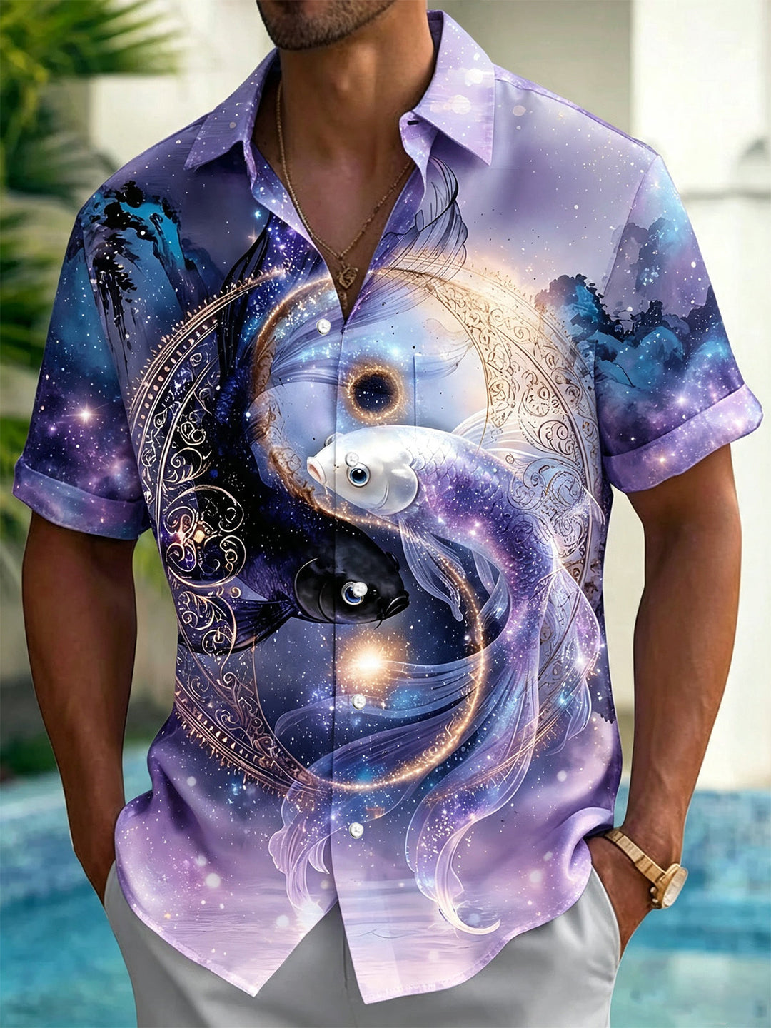 Tai Ji Yin Yang Koi Print Men's Pocket Short Sleeve Shirts