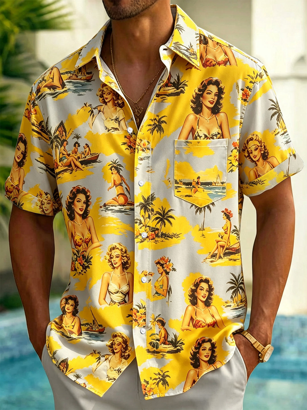 Vintage Girl Palm Tree Print Men's Pocket Short Sleeve Shirts