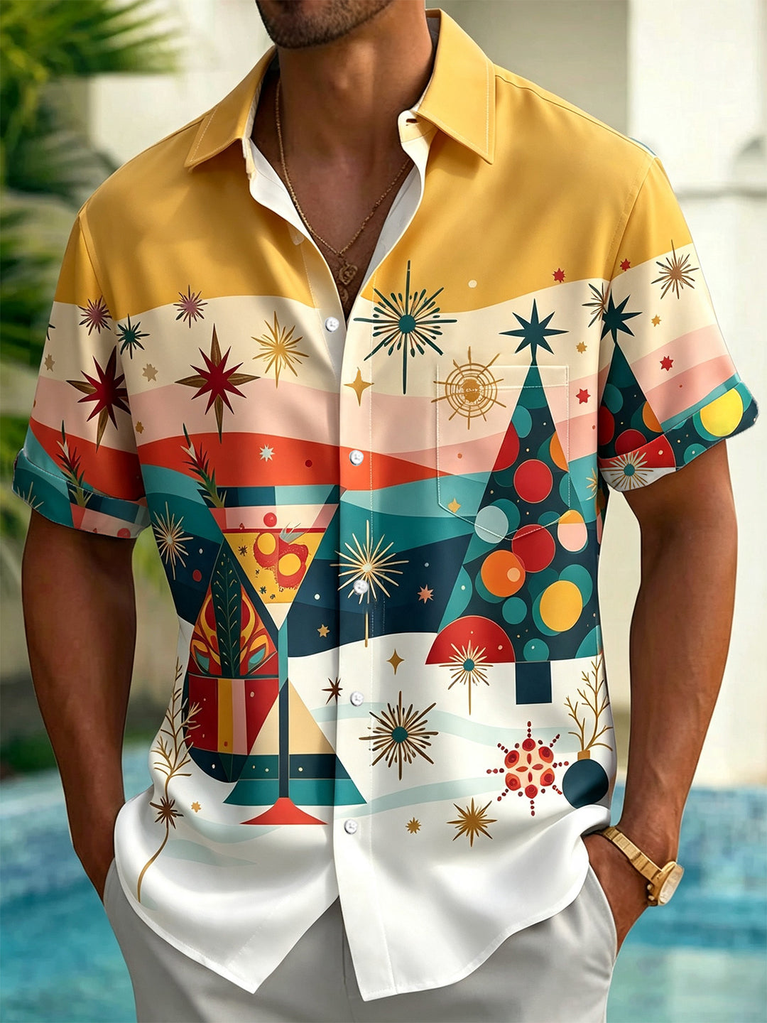 Vintage Geometric Print Men's Pocket Short Sleeve Shirts