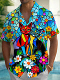 Oceanlyte Men's Graphic Stained Glass Cat And Flower Print Short Sleeve Button Down Shirt with Chest Pocket