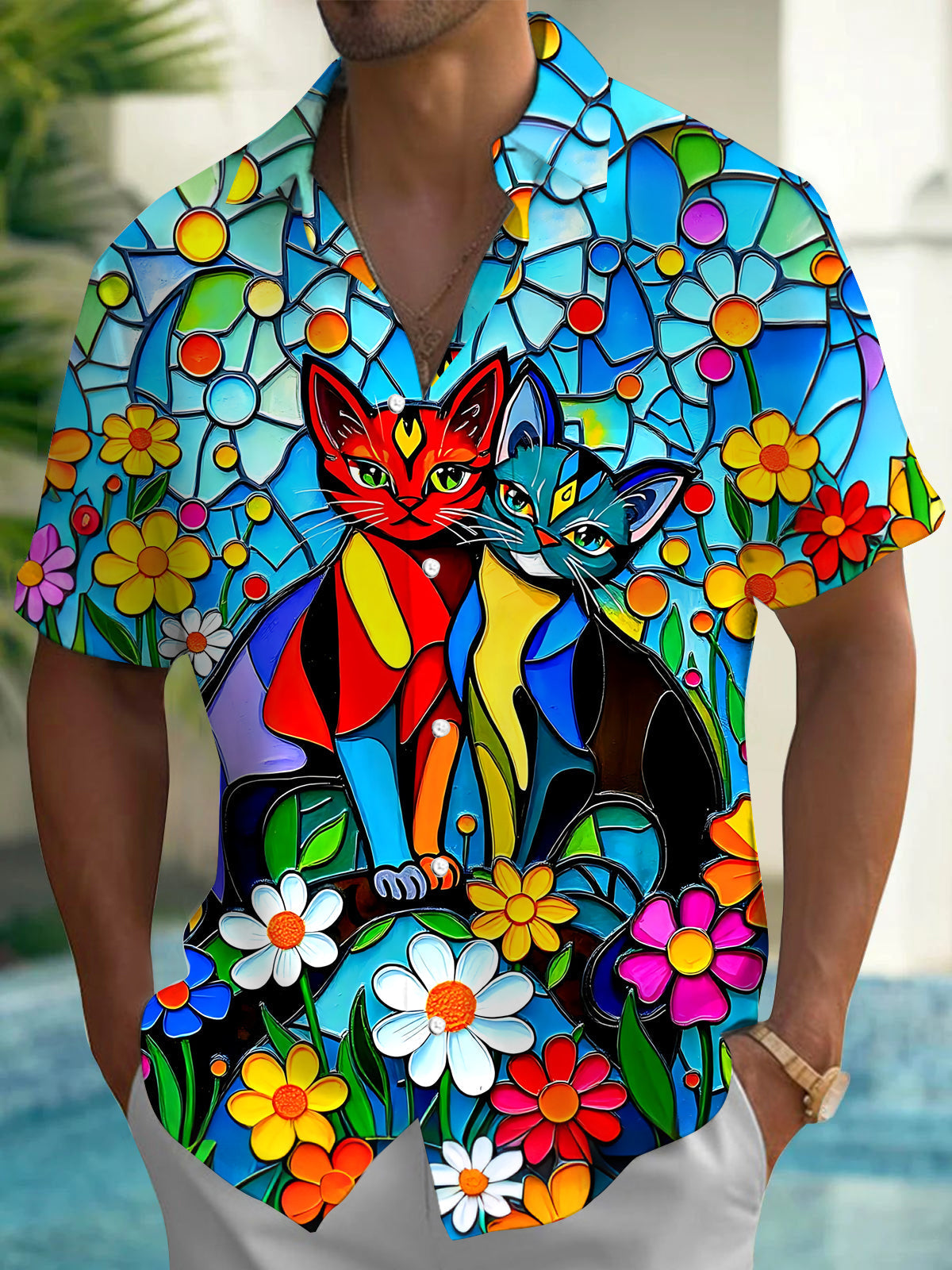 Oceanlyte Men's Graphic Stained Glass Cat And Flower Print Short Sleeve Button Down Shirt with Chest Pocket