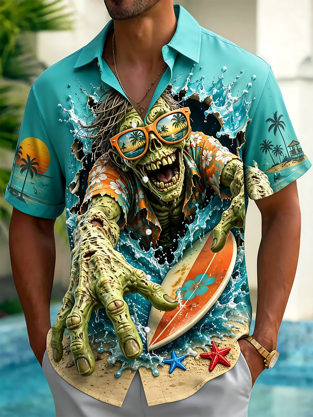 Beach Surfing Skull Print Men's Pocket Short Sleeve Shirts