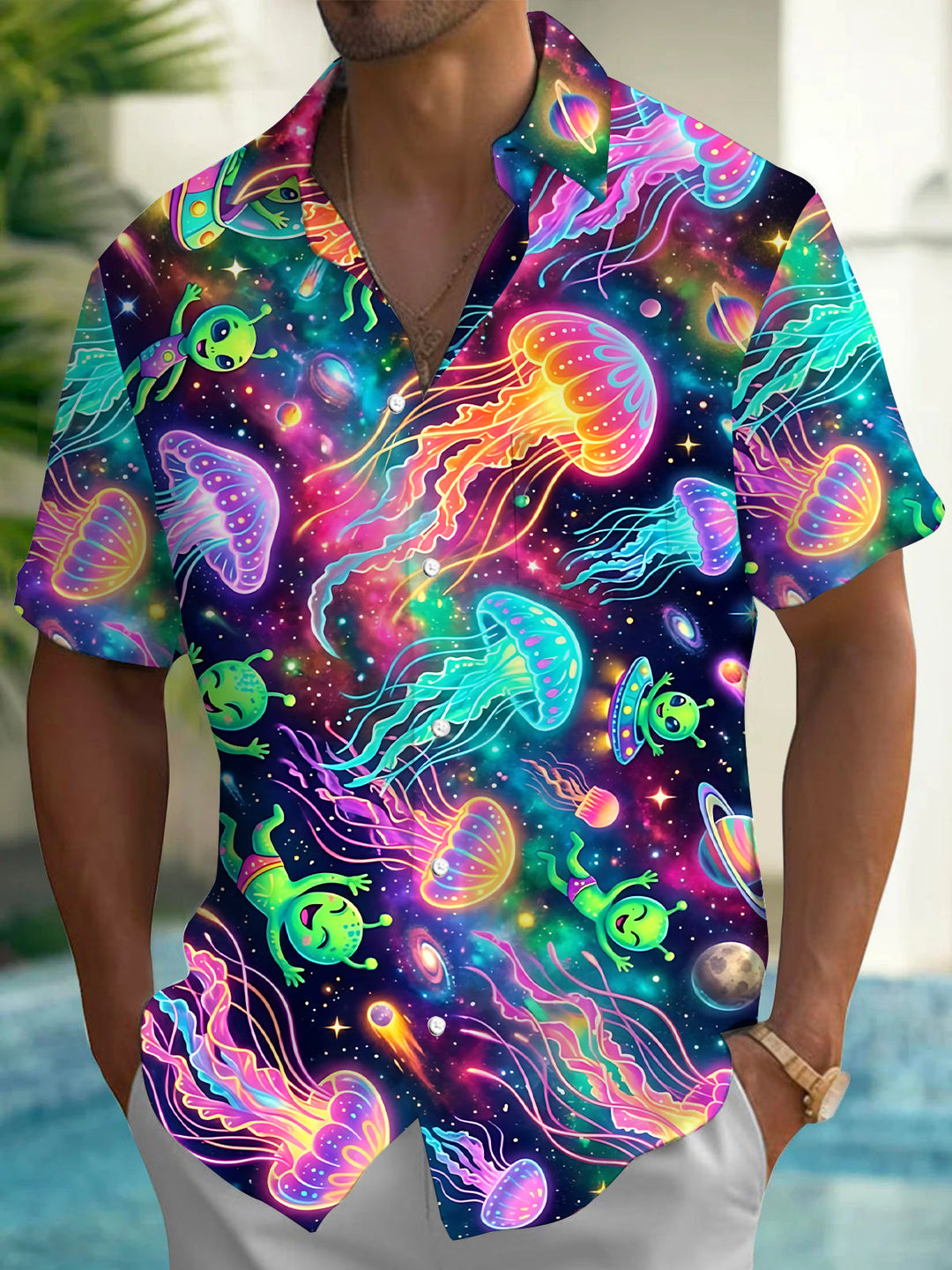 Starry Sky Alien Jellyfish Print Men's Pocket Short Sleeve Shirts