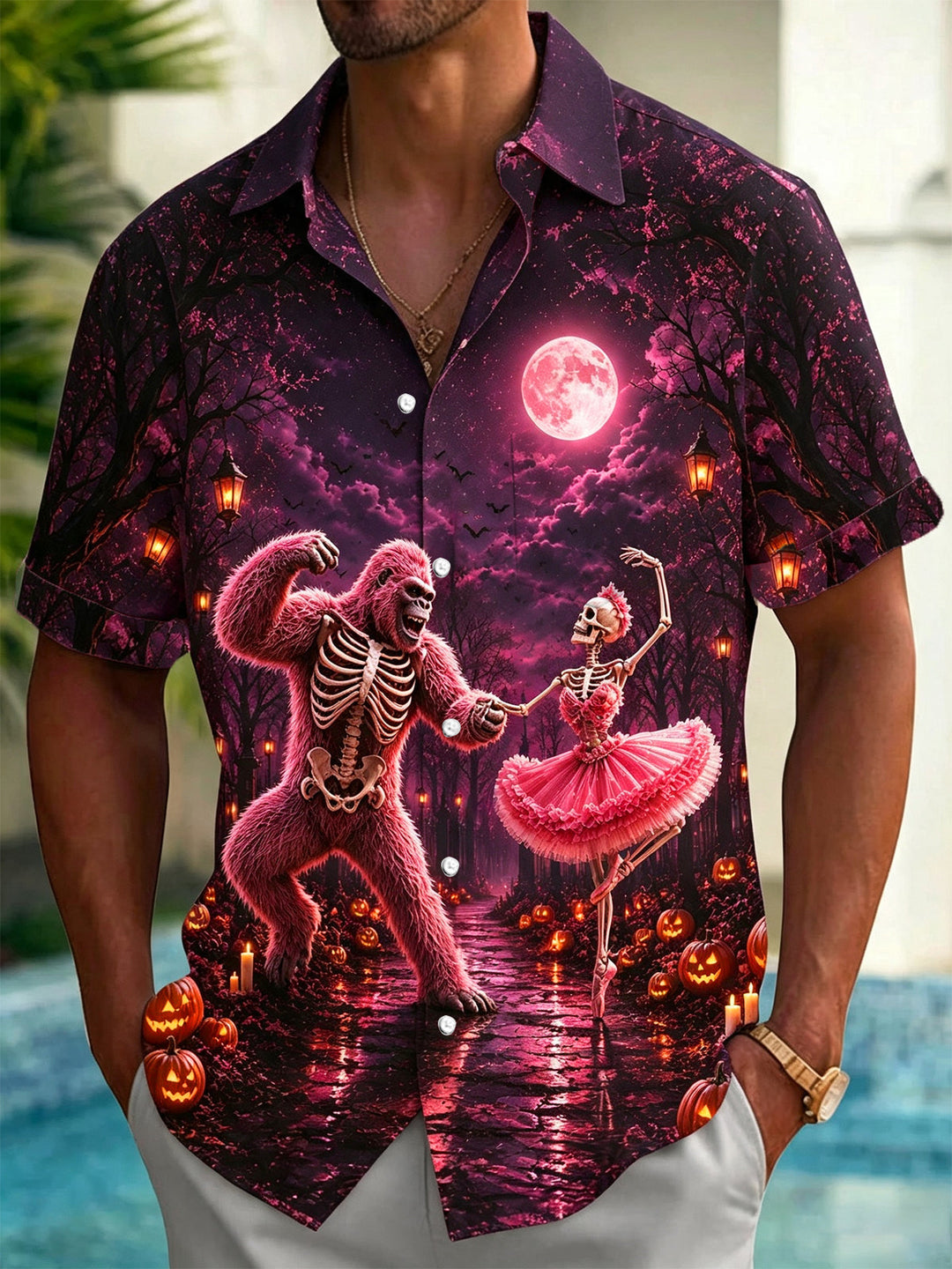 Halloween Orangutan Ballet Skull Print Men's Pocket Short Sleeve Shirts