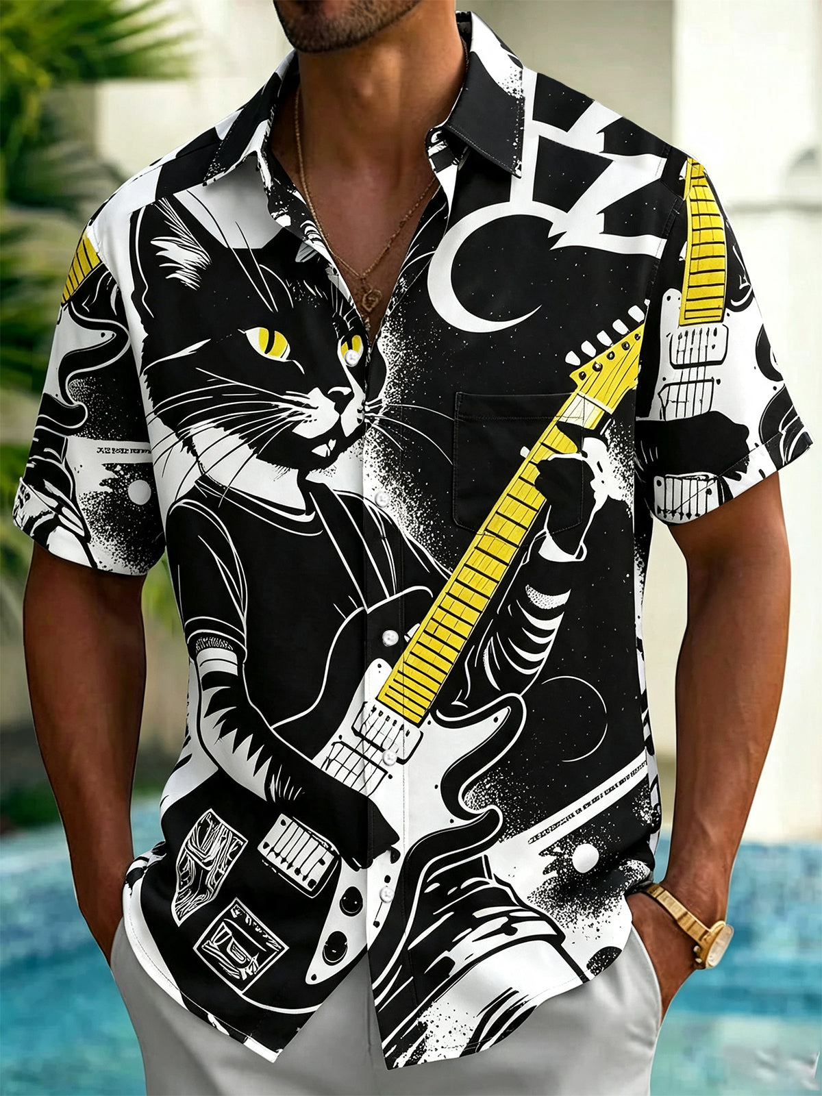 Oceanlyte Men's Graphic Cat Playing Electric Guitar Print Short Sleeve Button Down Shirt with Chest Pocket