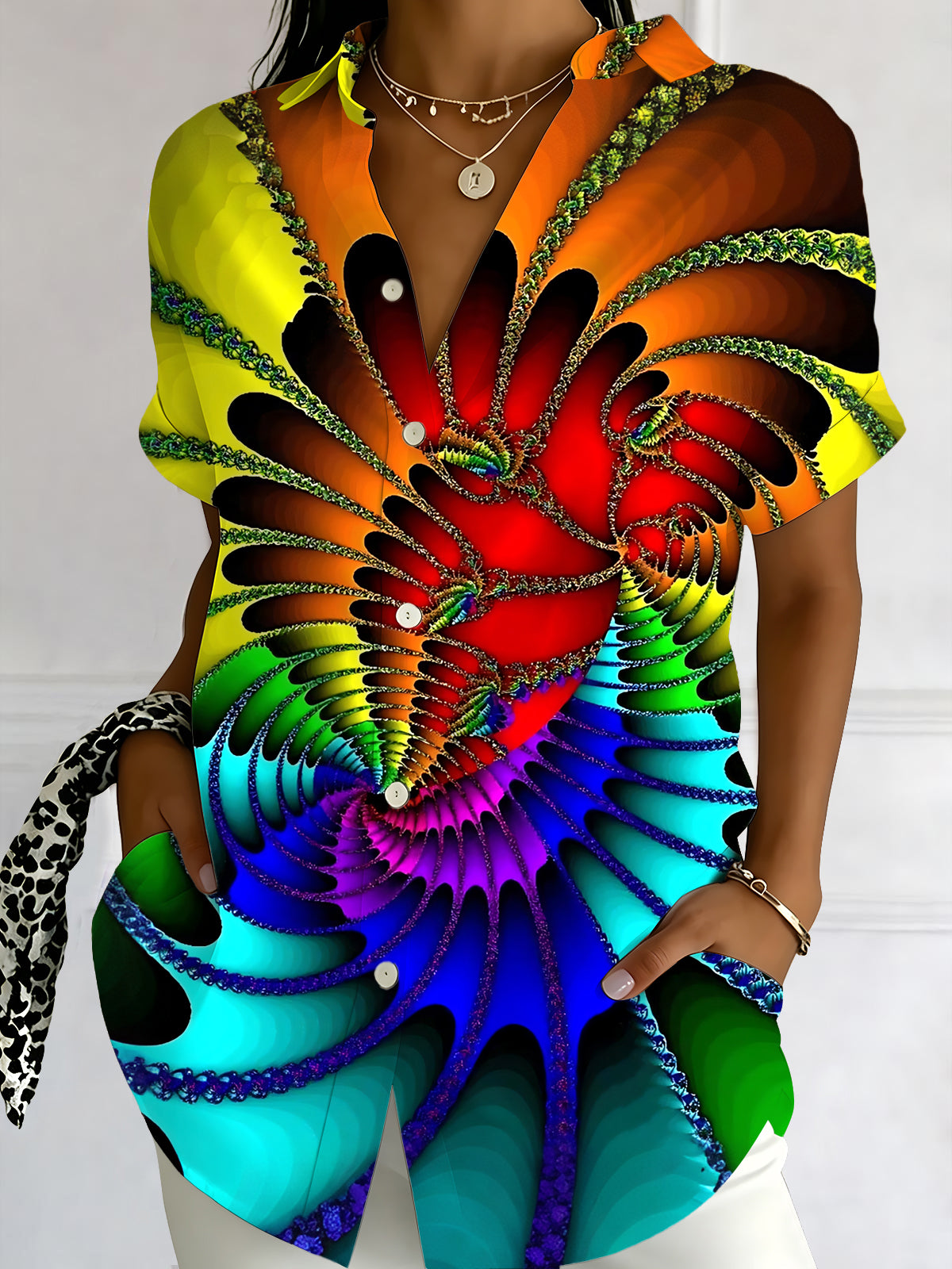 Oceanlyte Women's Psychedelic Fractal Spiral Print Short Sleeve Button Down Shirt