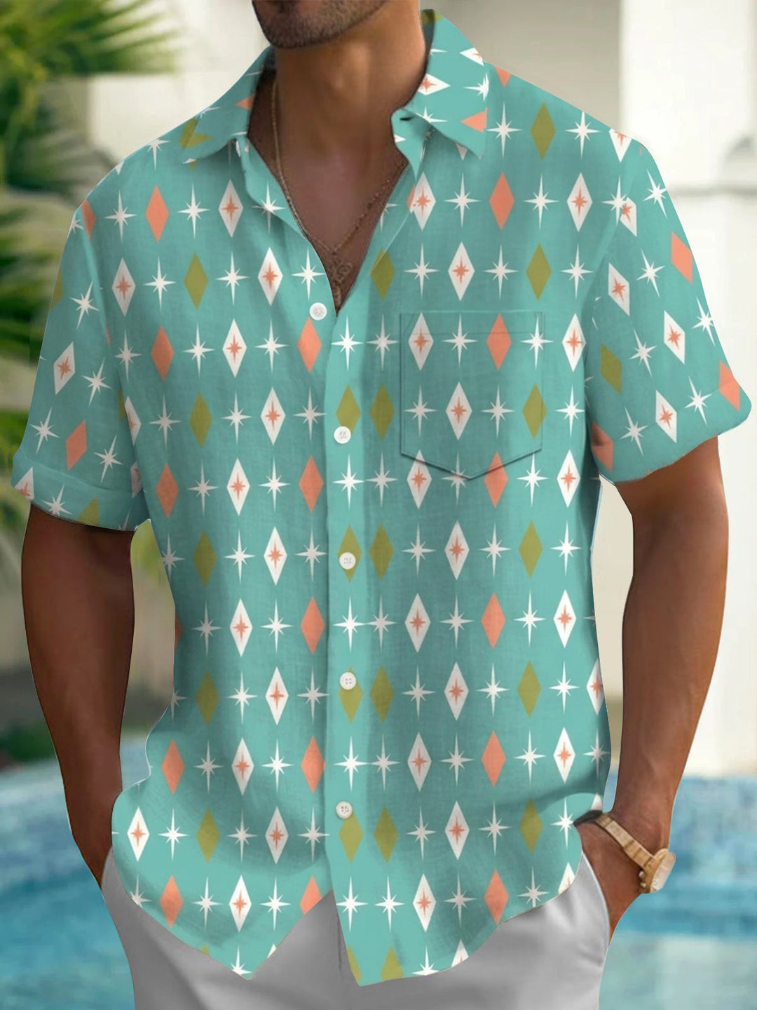 Vintage Geometric Print Men's Pocket Short Sleeve Shirts