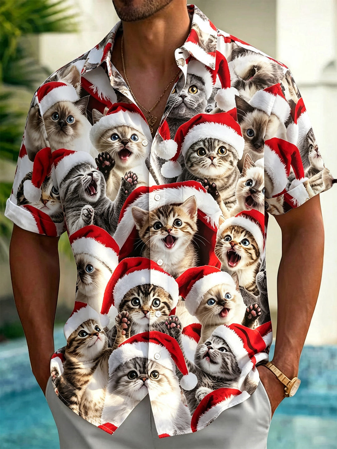 Christmas Cat Print Men's Pocket Short Sleeve Shirts