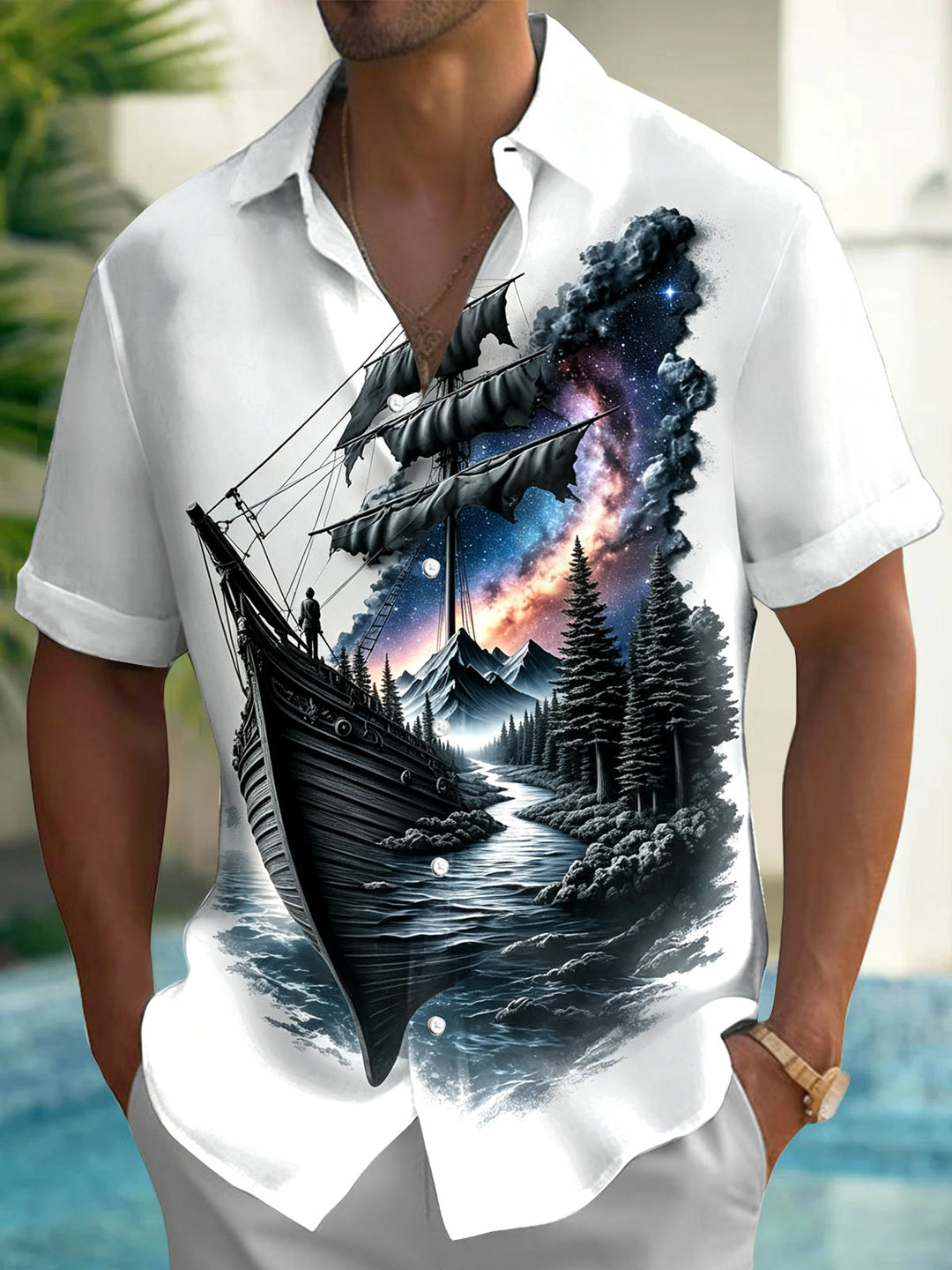 Starry Sky Vintage Sailboat Print Men's Pocket Short Sleeve Shirts