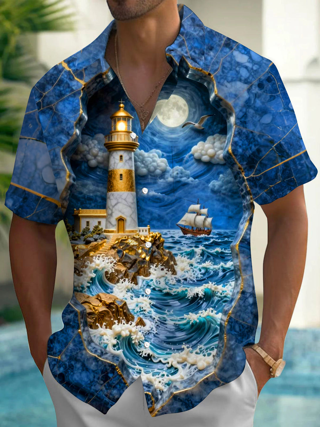 Ocean Lighthouse Boat Print Men's Pocket Short Sleeve Shirts