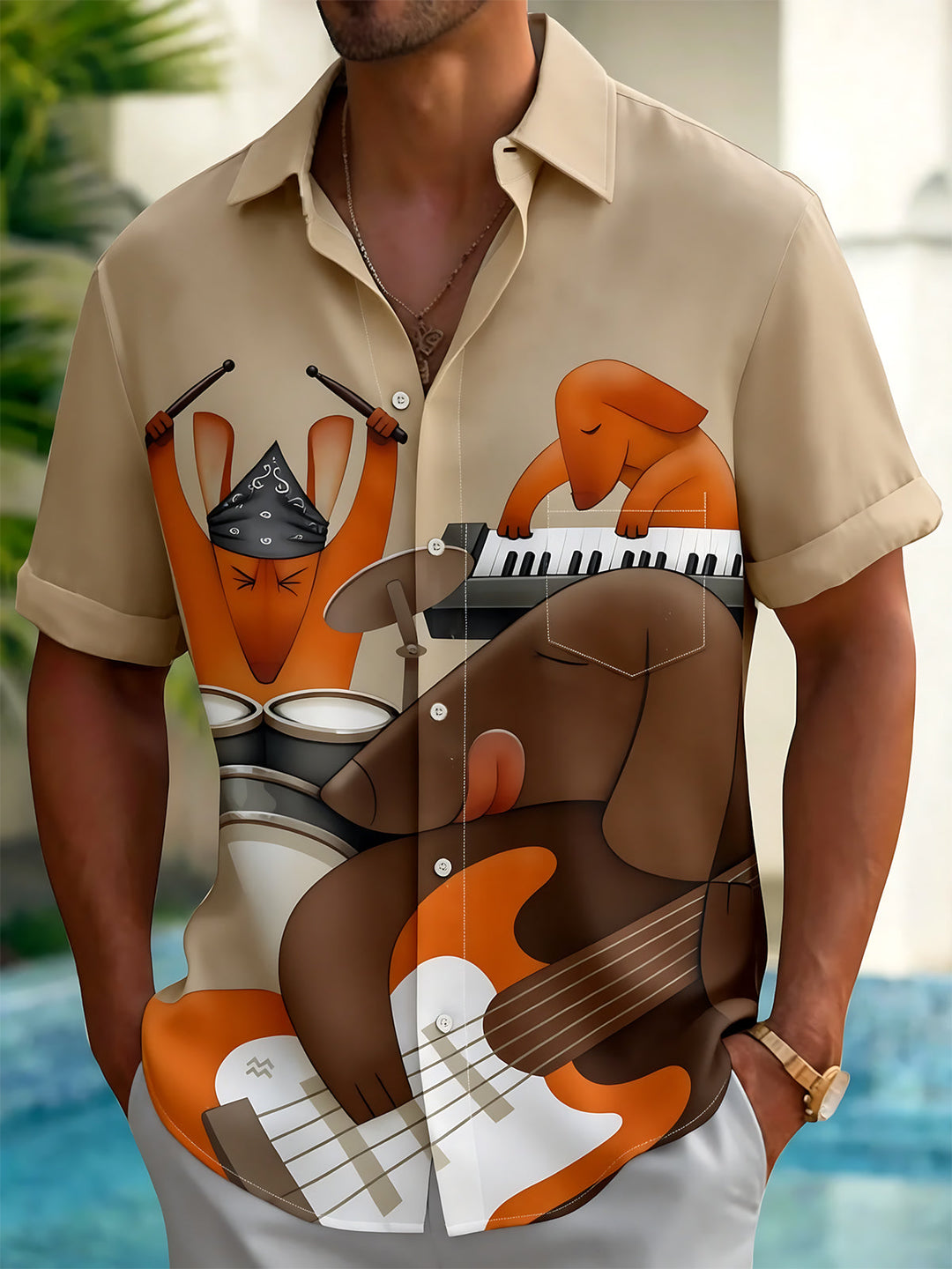 Dachshund Rock Band Print Men's Pocket Short Sleeve Shirts