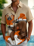 Oceanlyte Men's Dog Musician Graphic Short Sleeve Button Down Shirt with Chest Pocket