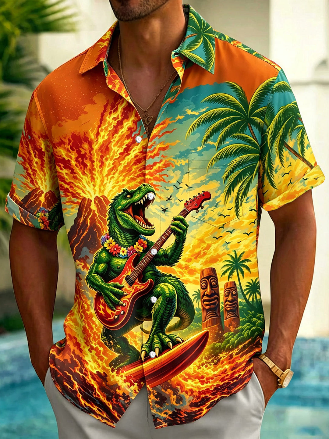 Hawaiian Dinosaur Guitar Tiki Print Men's Pocket Short Sleeve Shirts