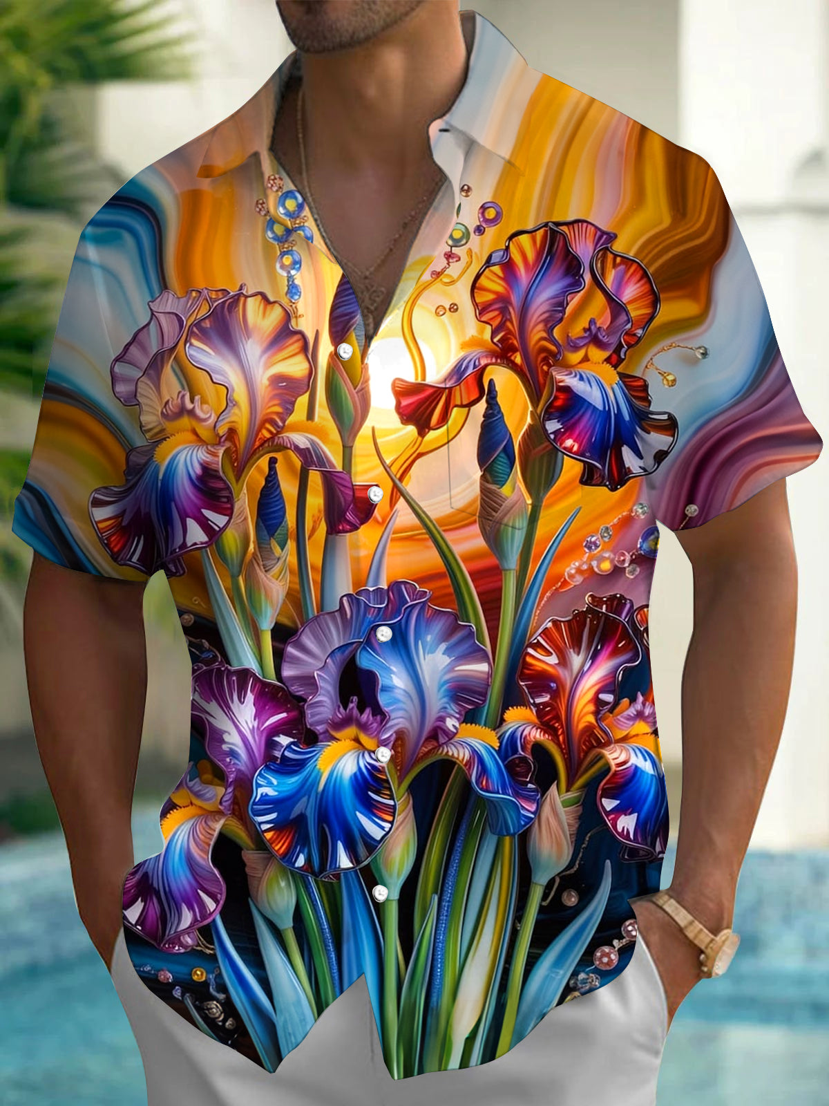 Oceanlyte Men's Iris Flower Print Short Sleeve Button Down Shirt with Chest Pocket