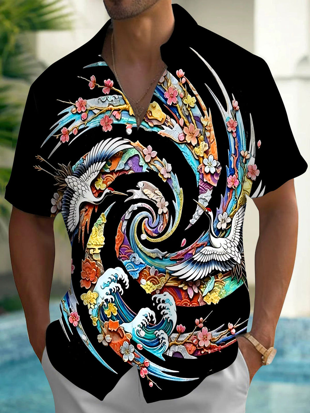 Crane Wave Floral Print Men's Pocket Short Sleeve Shirts