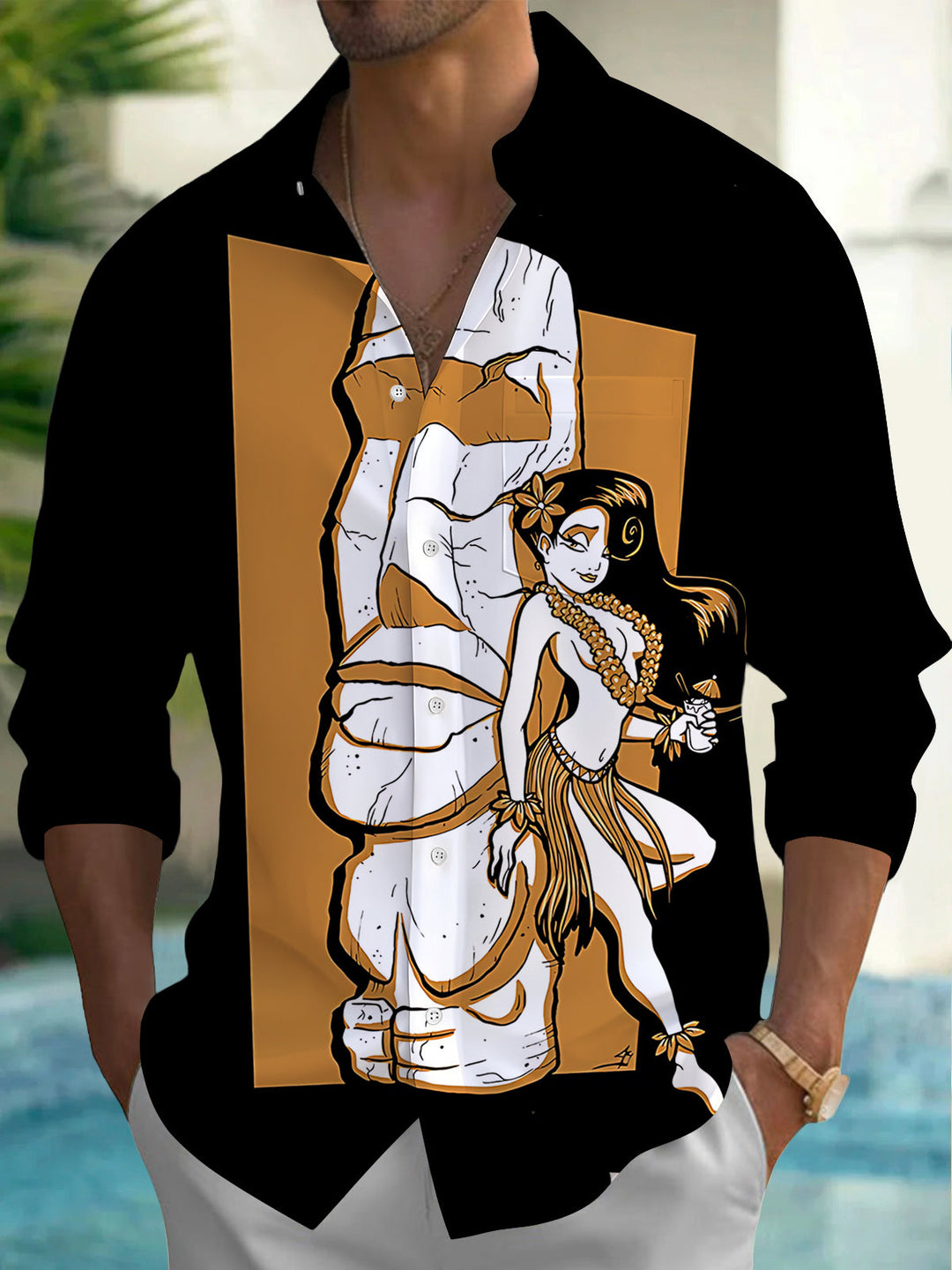 Hawaiian Tiki Hula Girl Print Men's Pocket Long Sleeve Shirts