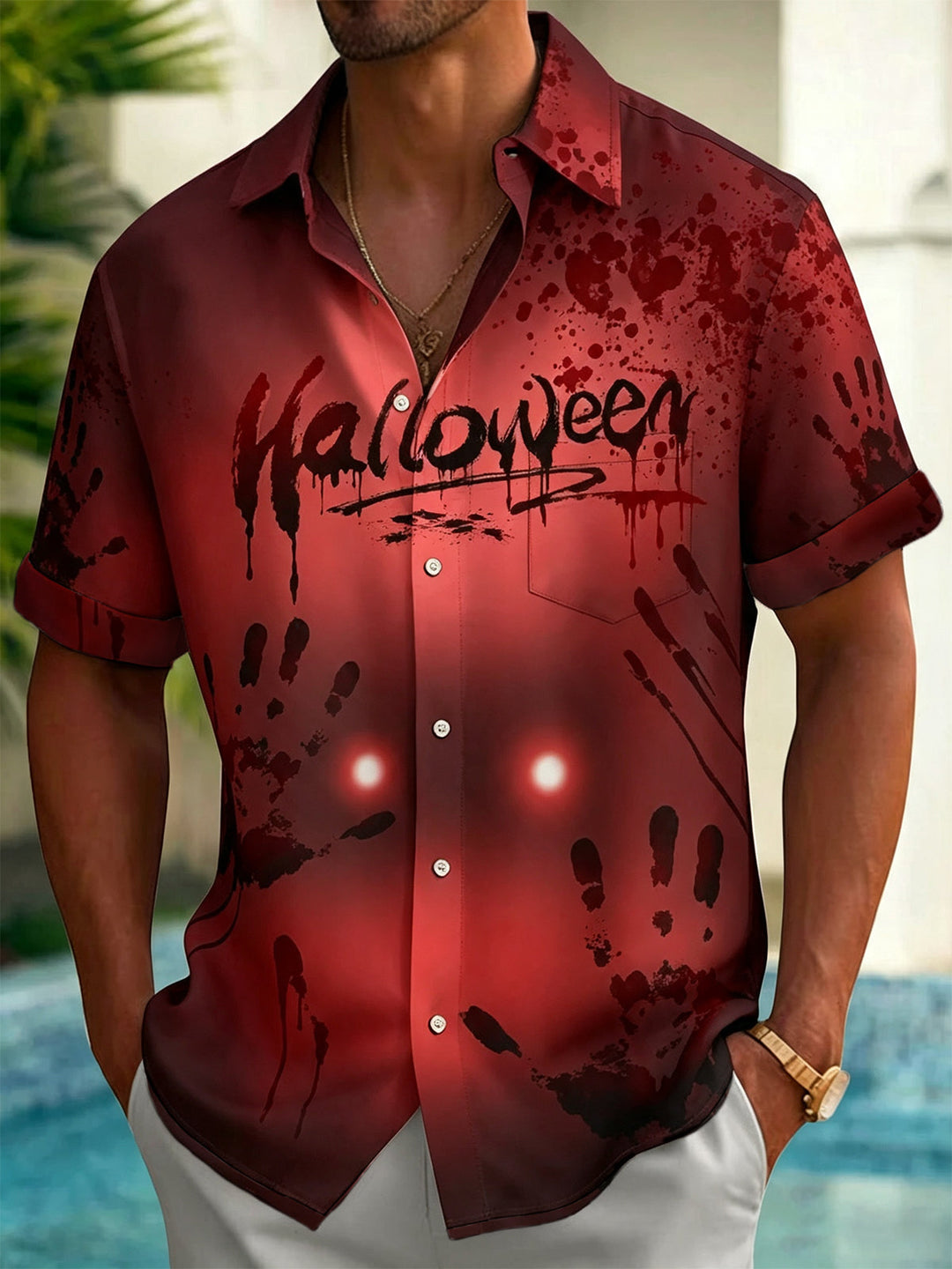 Halloween Print Men's Pocket Short Sleeve Shirts