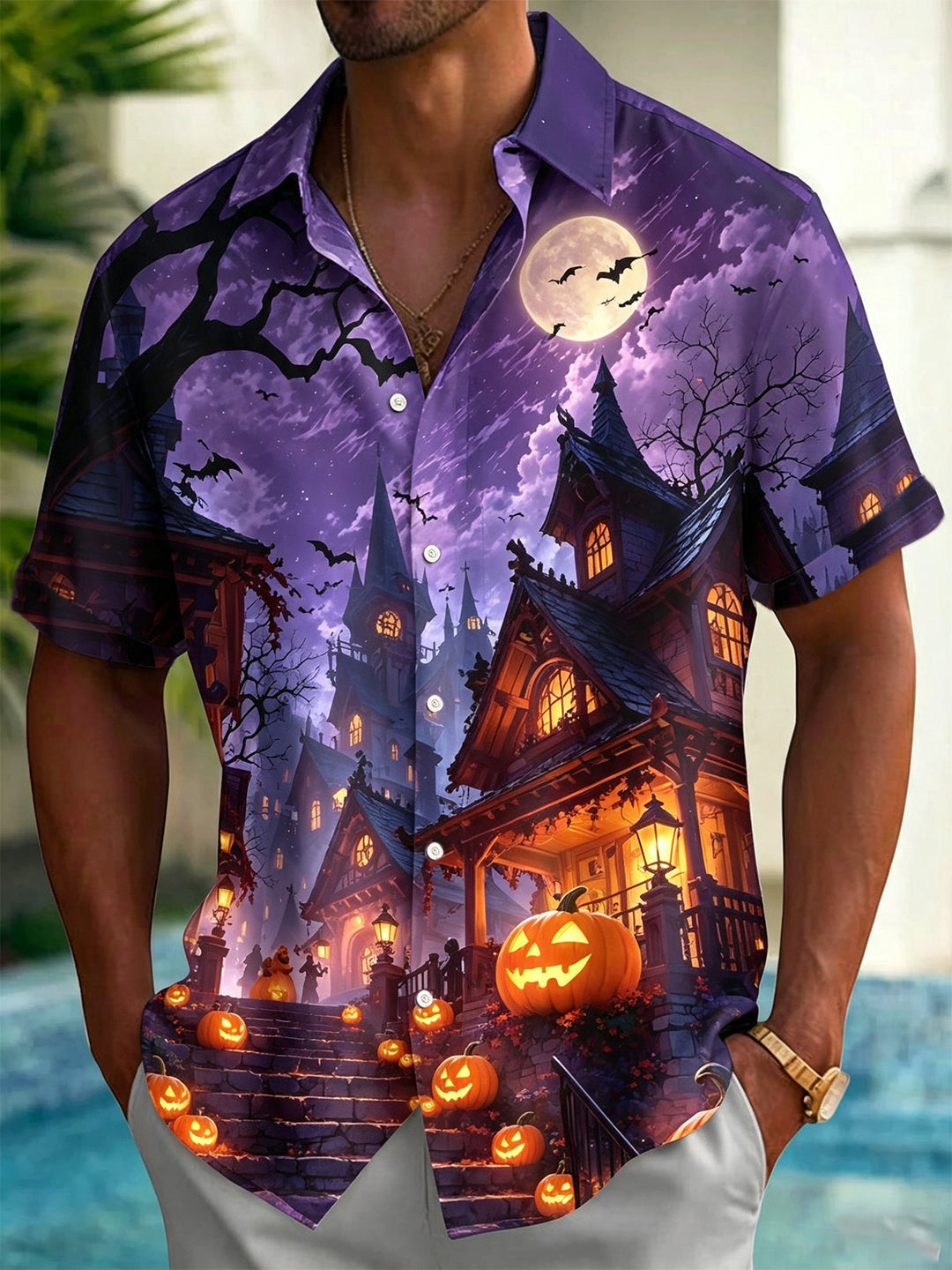 Halloween Pumpkin Bat Castle Print Men's Pocket Short Sleeve Shirts