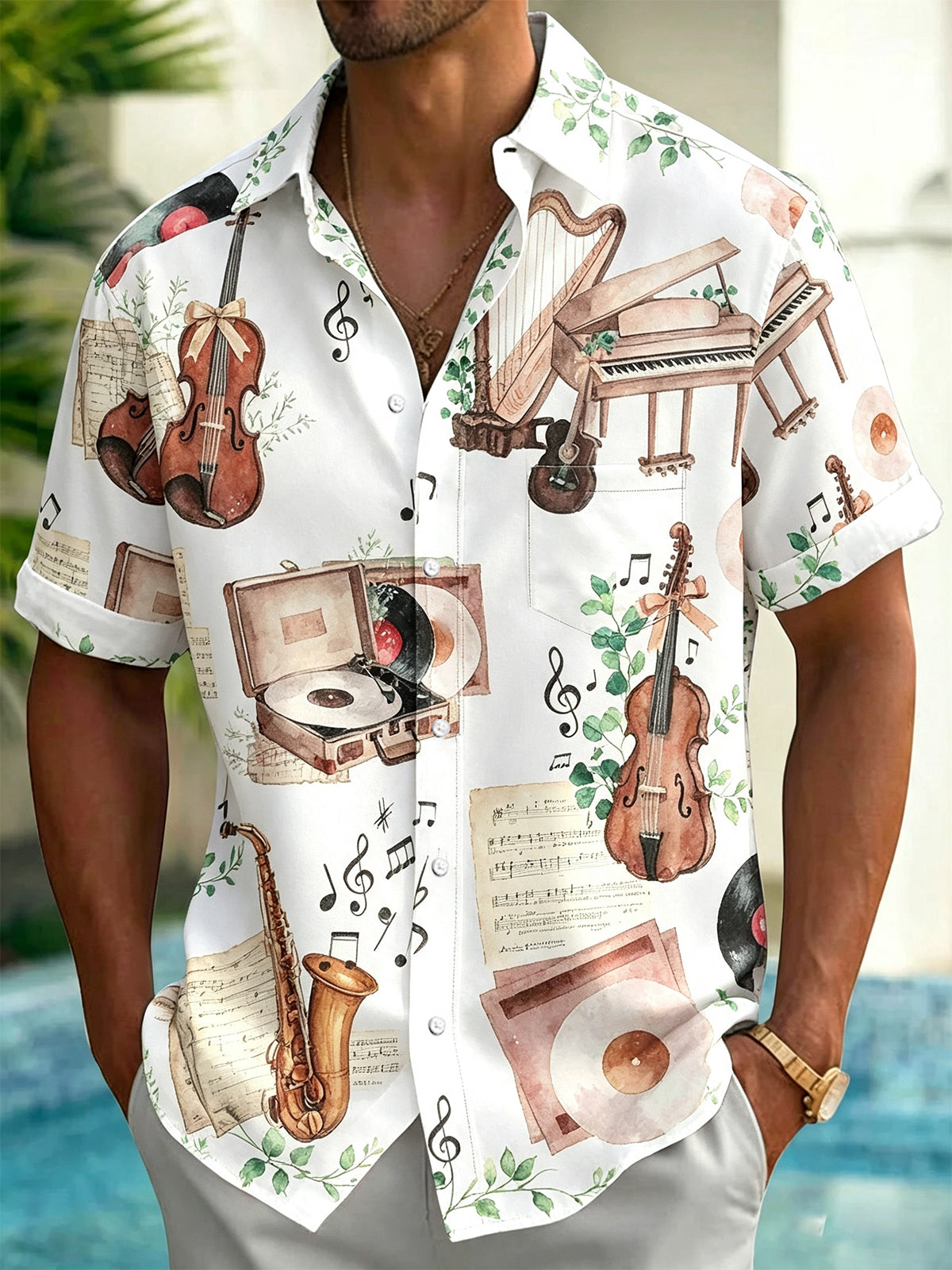 Oceanlyte Men's Hawaiian Musical Instruments Print Short Sleeve Shirt with Chest Pocket