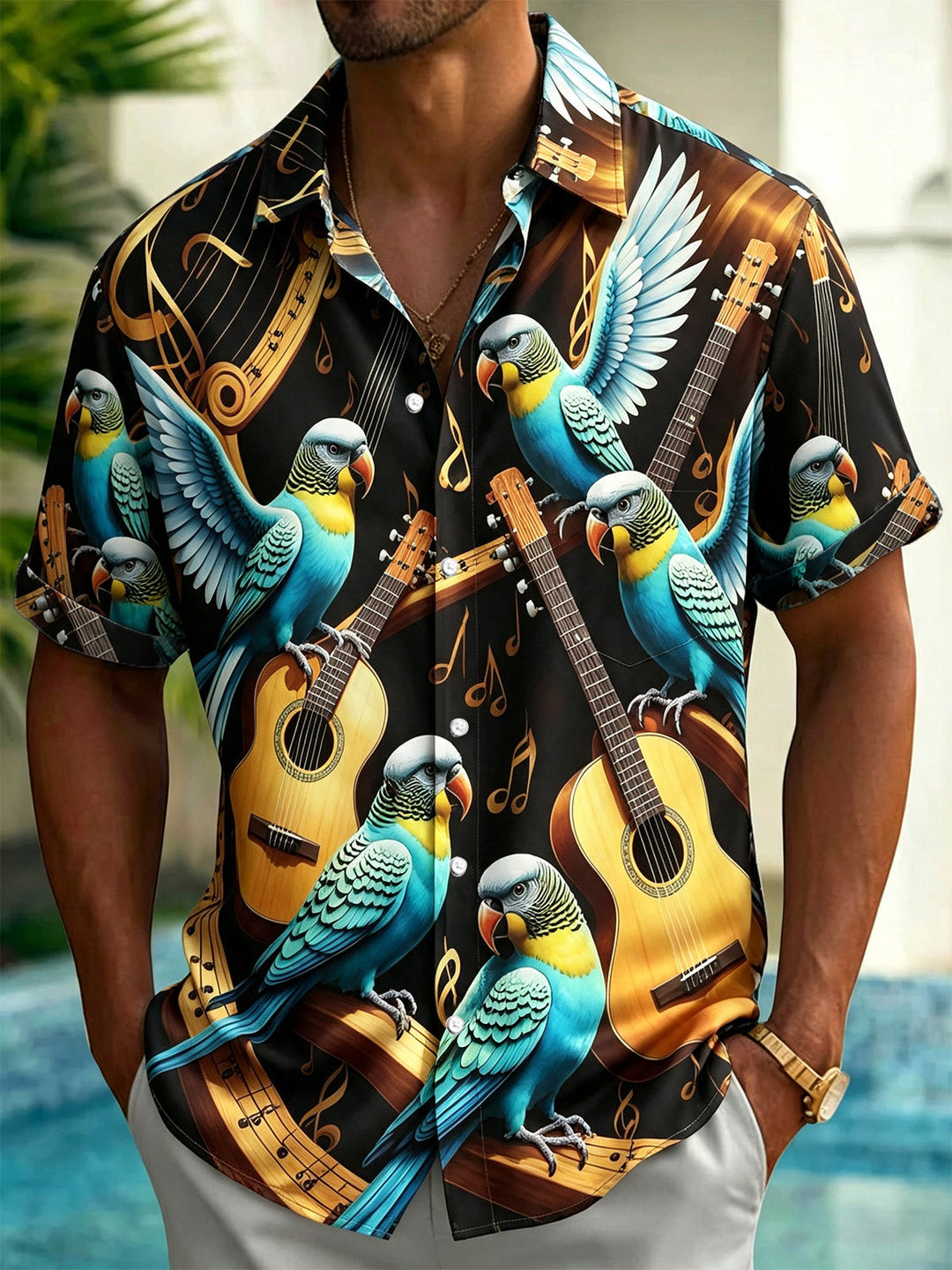 Parrot Guitar Note Print Men's Pocket Short Sleeve Shirts