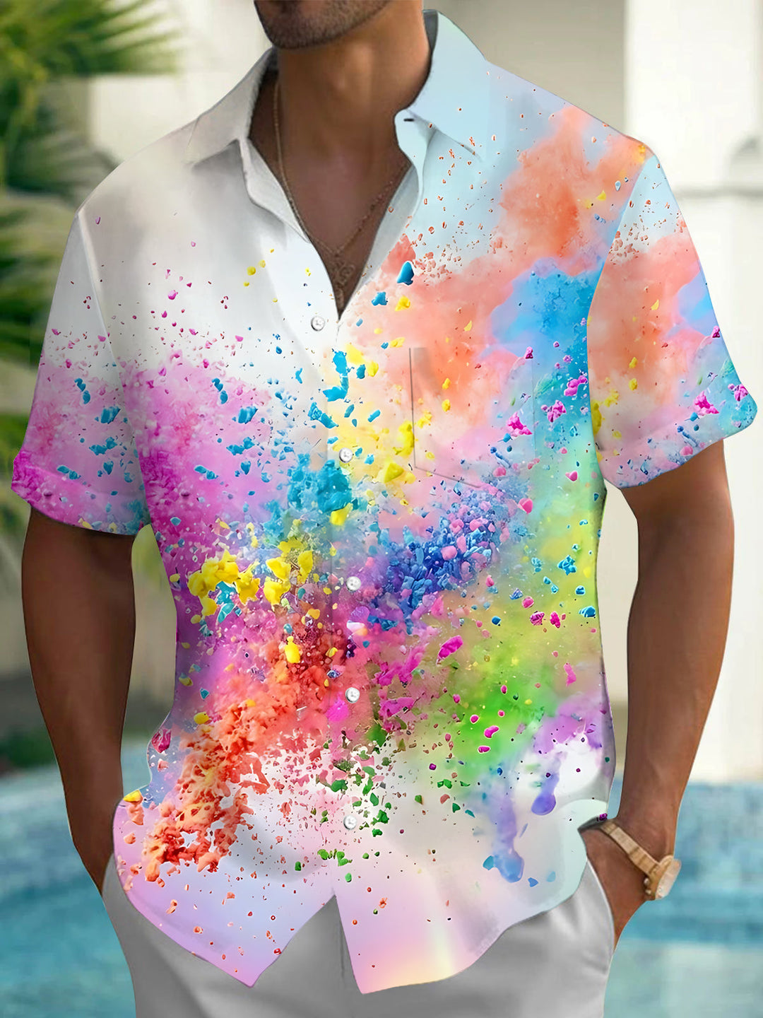Colorful Powder Splatter Print Men's Pocket Short Sleeve Shirts